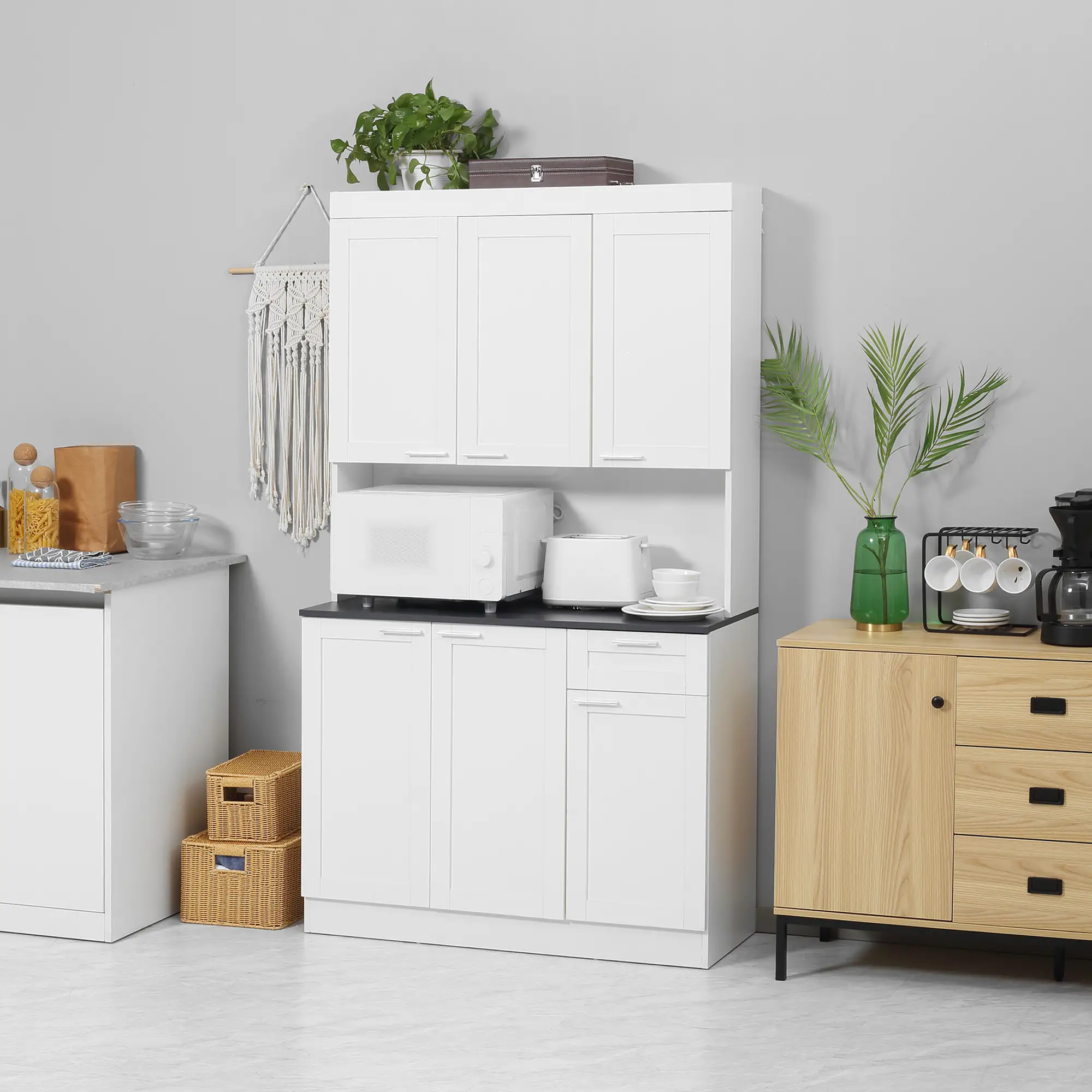 71" Kitchen Pantry Cabinet, Storage Buffet with Hutch, Adjustable Shelves, High Gloss White, White - Image 8