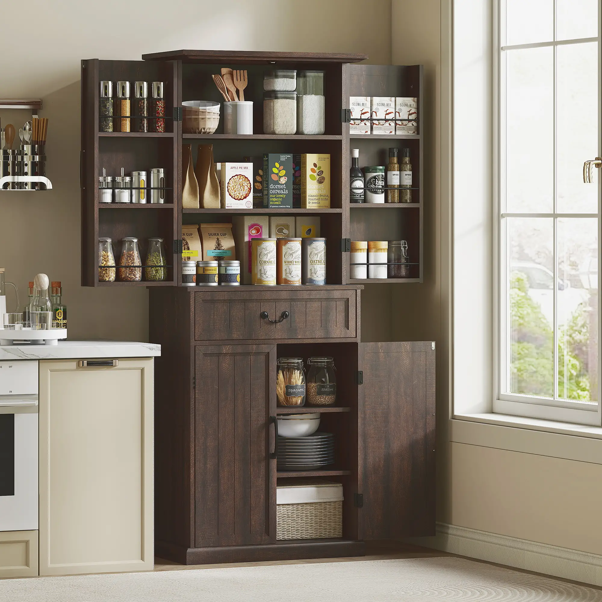 71" LED Kitchen Pantry Cabinet, Farmhouse Storage, Distressed Brown, Brown - Image 2