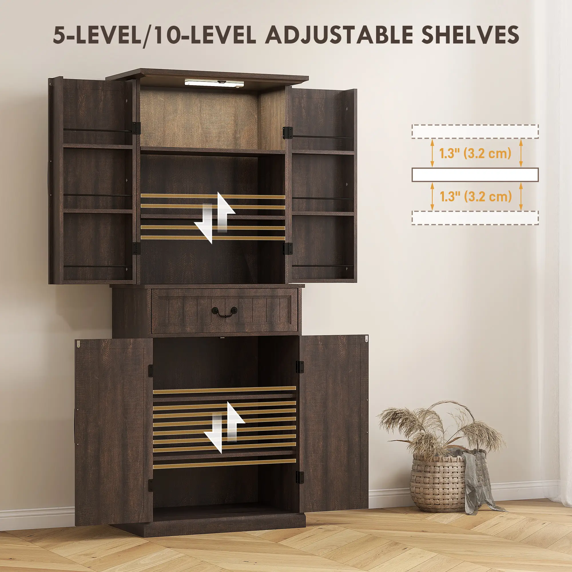 71" LED Kitchen Pantry Cabinet, Farmhouse Storage, Distressed Brown, Brown - Image 6