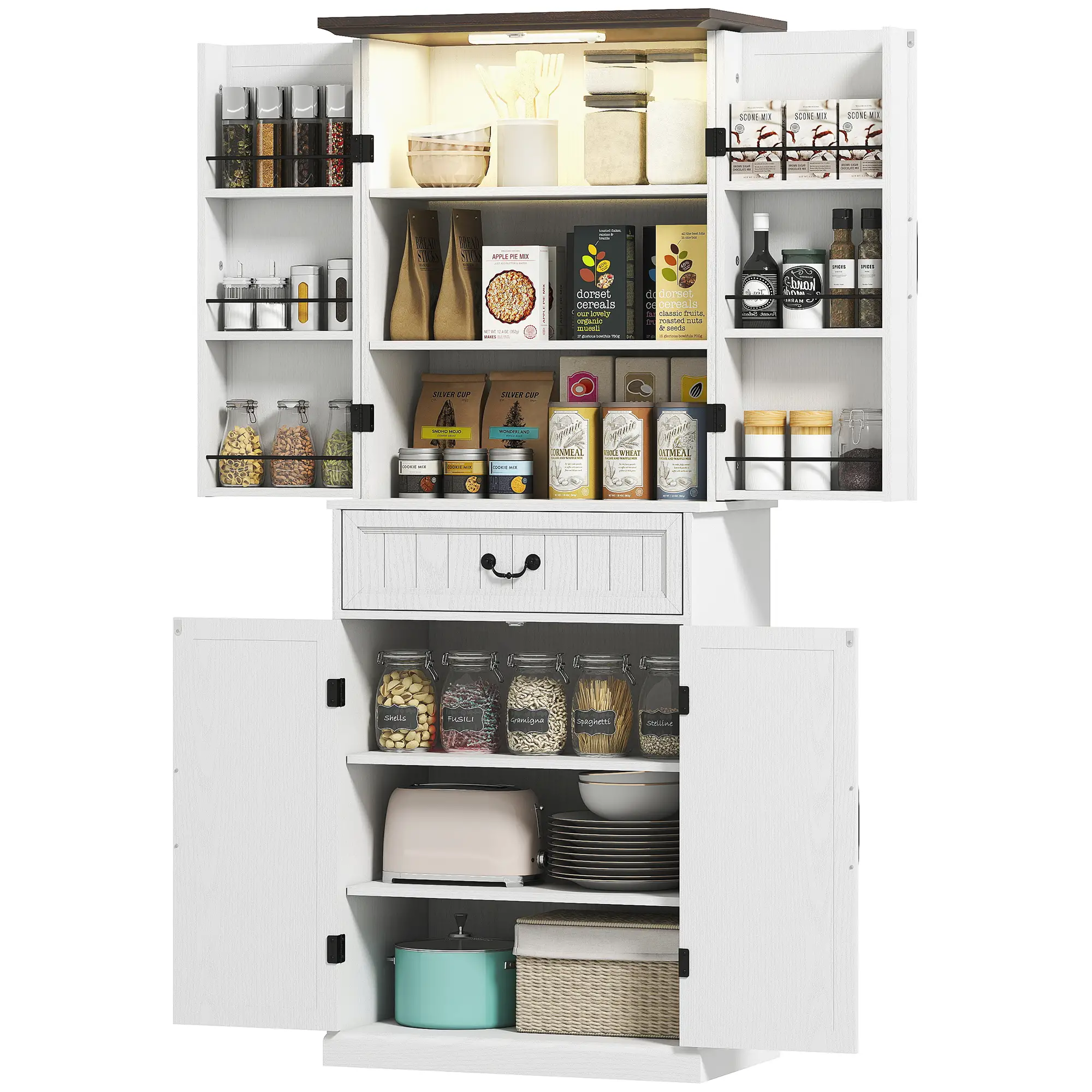 71" LED Kitchen Pantry Cabinet, Farmhouse Storage, Distressed White, White
