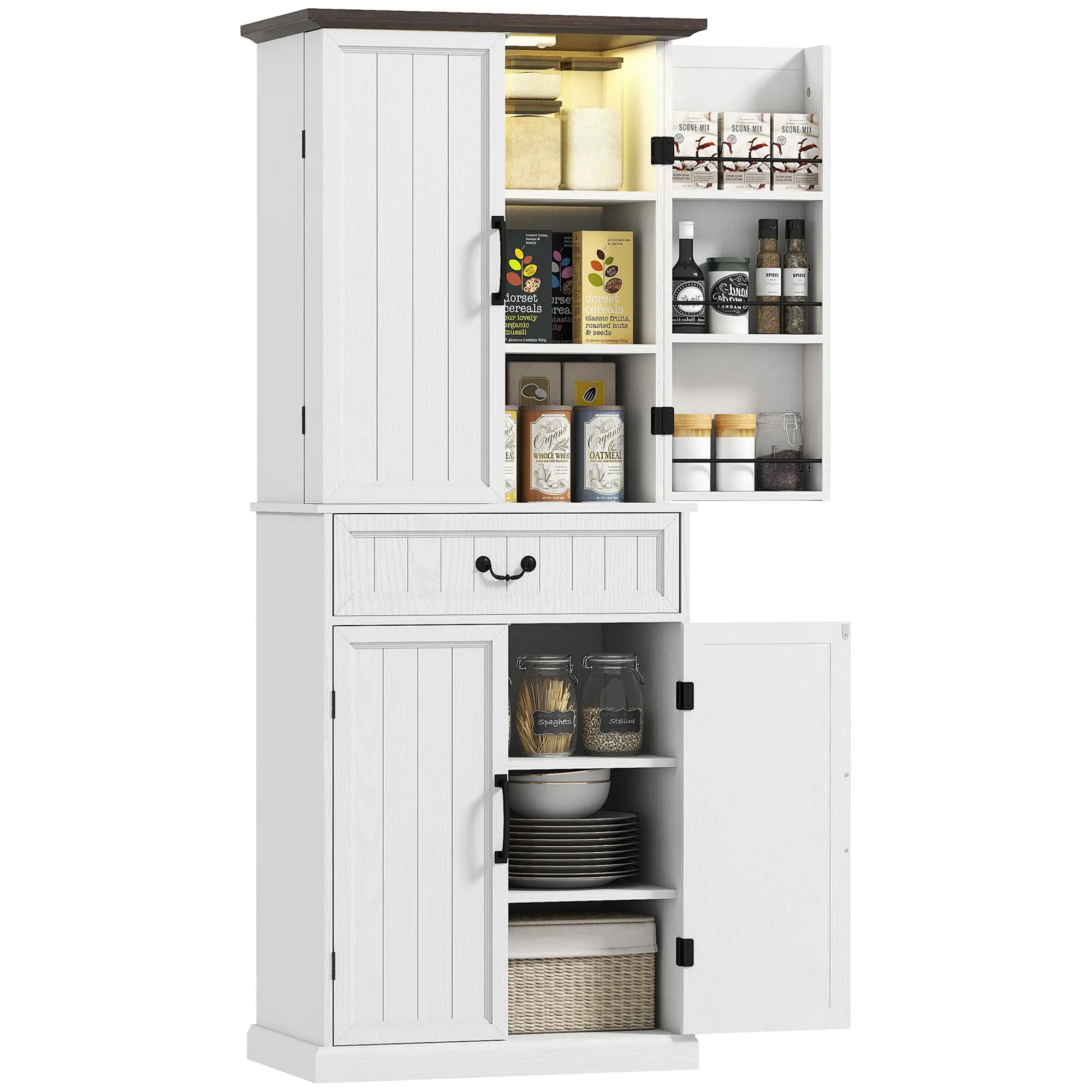 71" LED Kitchen Pantry Cabinet, Farmhouse Storage, Distressed White, White - Image 11