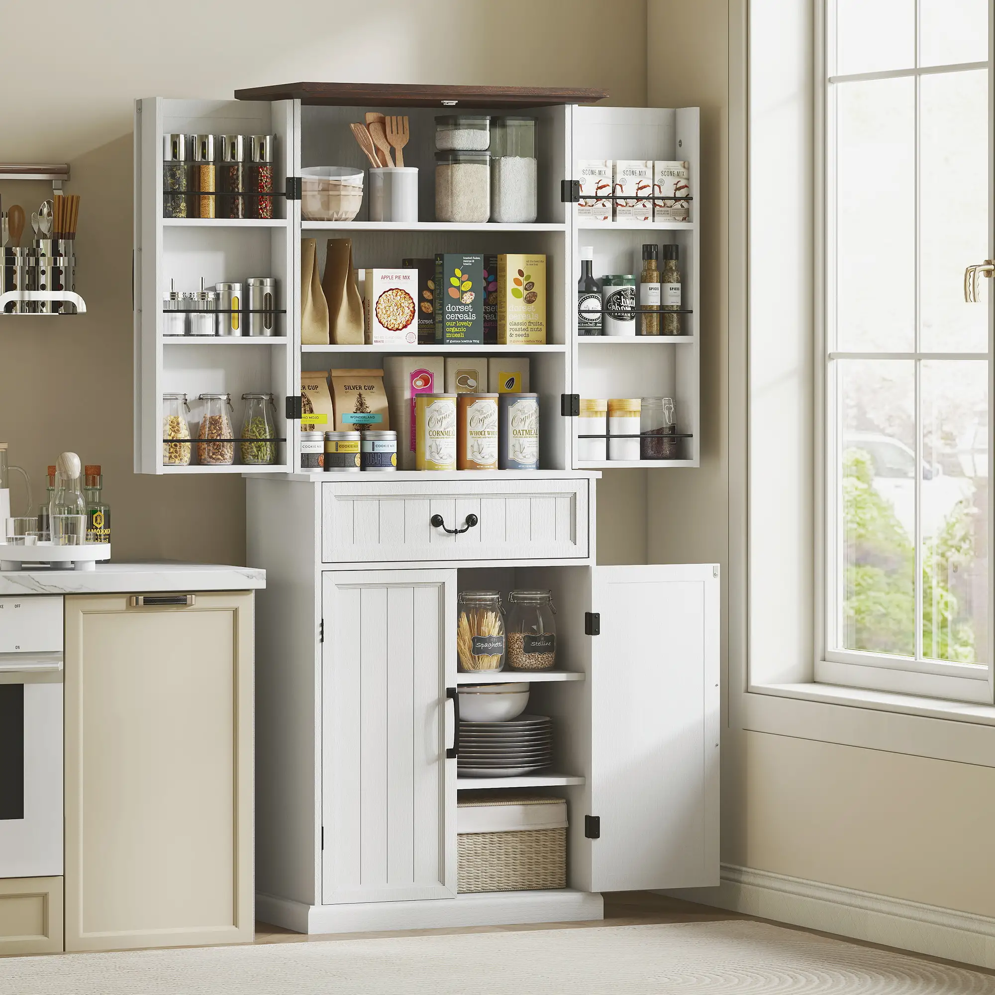 71" LED Kitchen Pantry Cabinet, Farmhouse Storage, Distressed White, White - Image 2