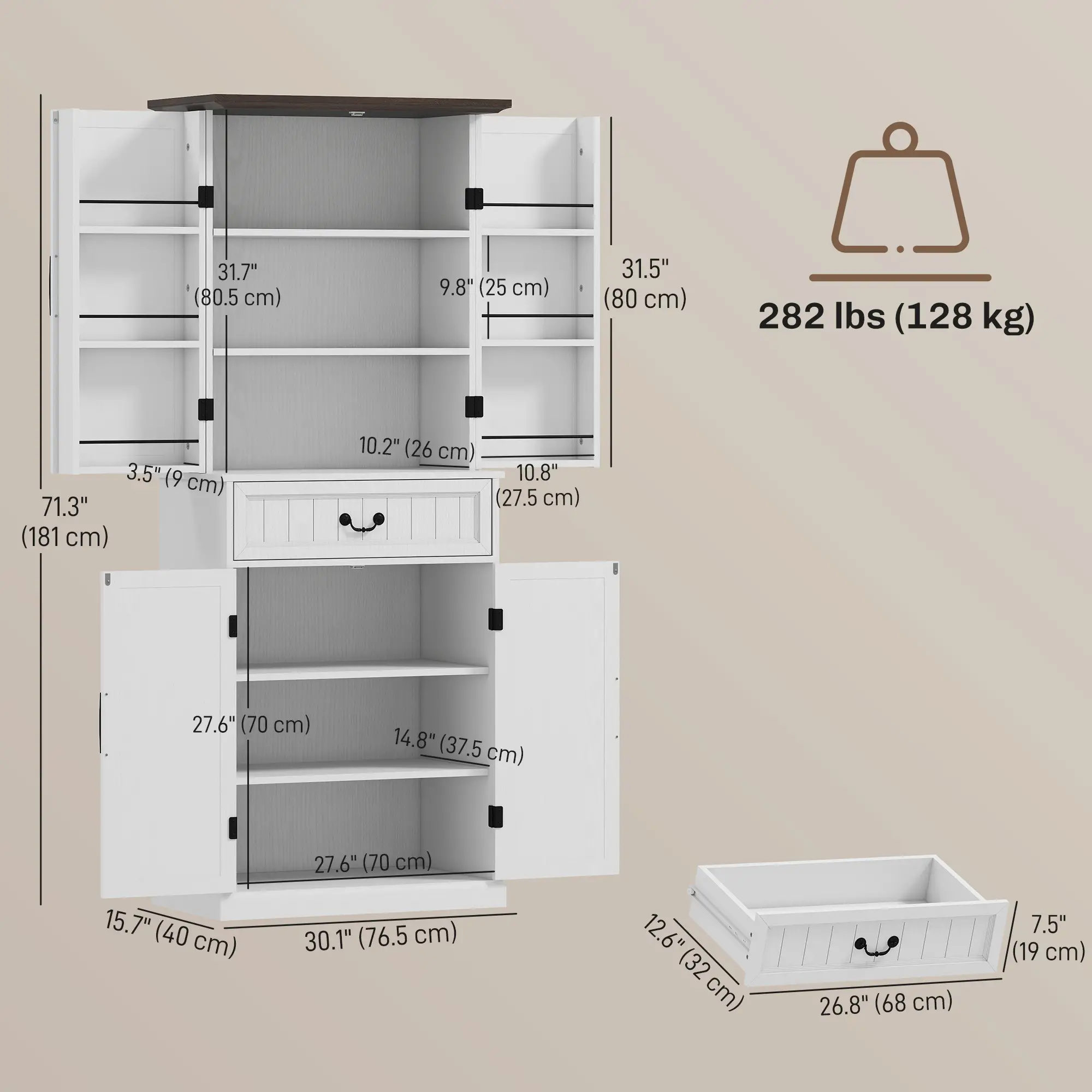 71" LED Kitchen Pantry Cabinet, Farmhouse Storage, Distressed White, White - Image 3