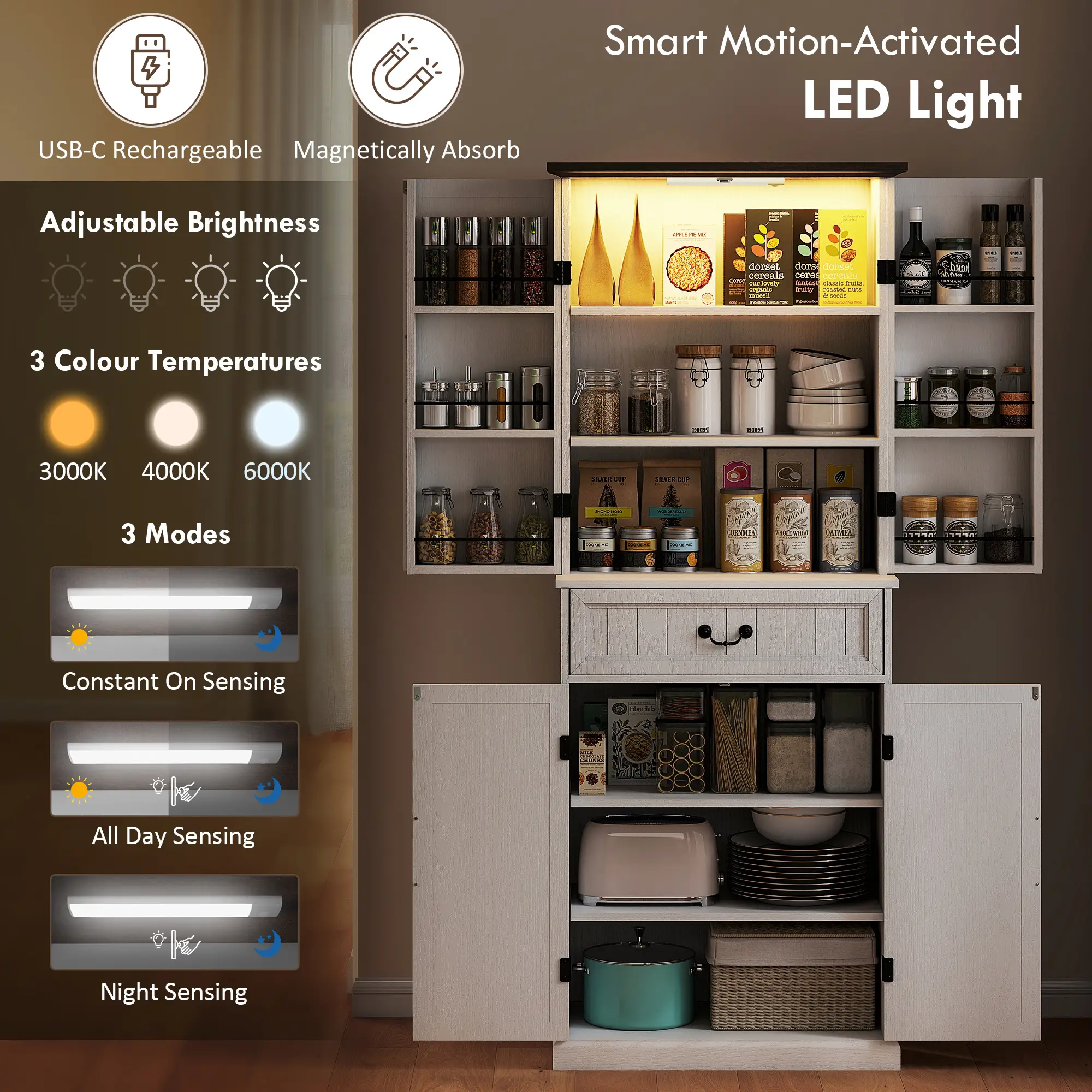 71" LED Kitchen Pantry Cabinet, Farmhouse Storage, Distressed White, White - Image 4