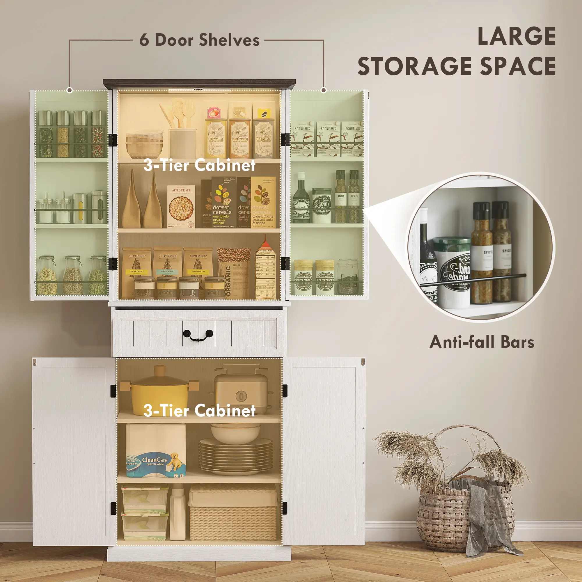 71" LED Kitchen Pantry Cabinet, Farmhouse Storage, Distressed White, White - Image 5