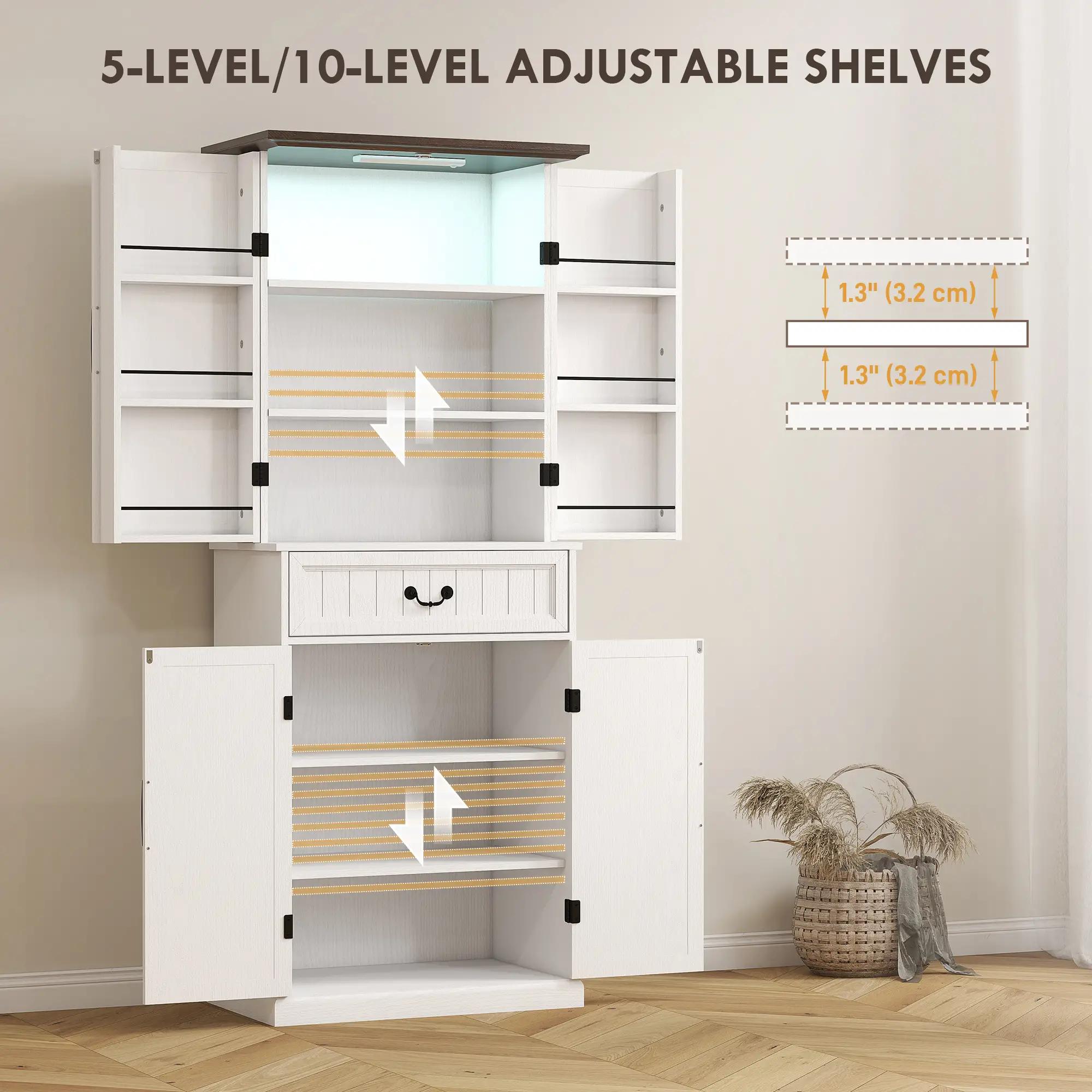 71" LED Kitchen Pantry Cabinet, Farmhouse Storage, Distressed White, White - Image 6