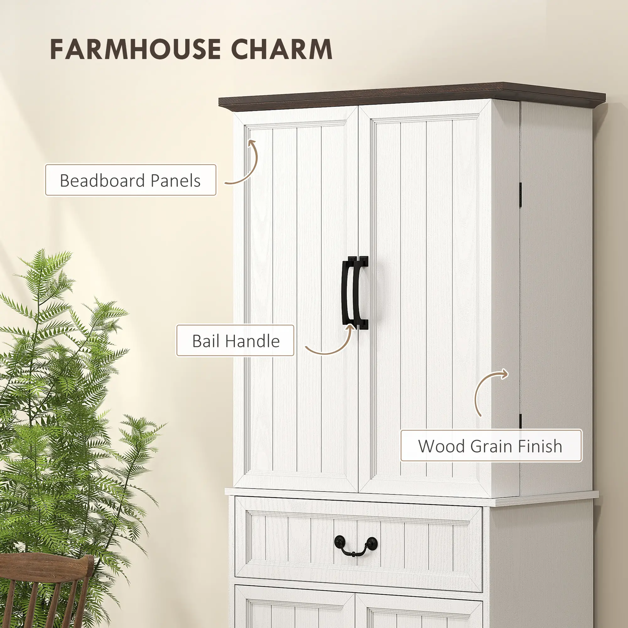 71" LED Kitchen Pantry Cabinet, Farmhouse Storage, Distressed White, White - Image 7