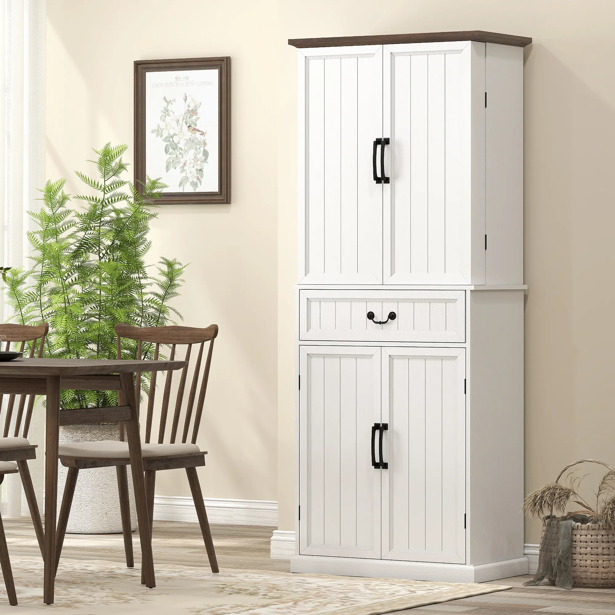 71" LED Kitchen Pantry Cabinet, Farmhouse Storage, Distressed White, White - Image 8