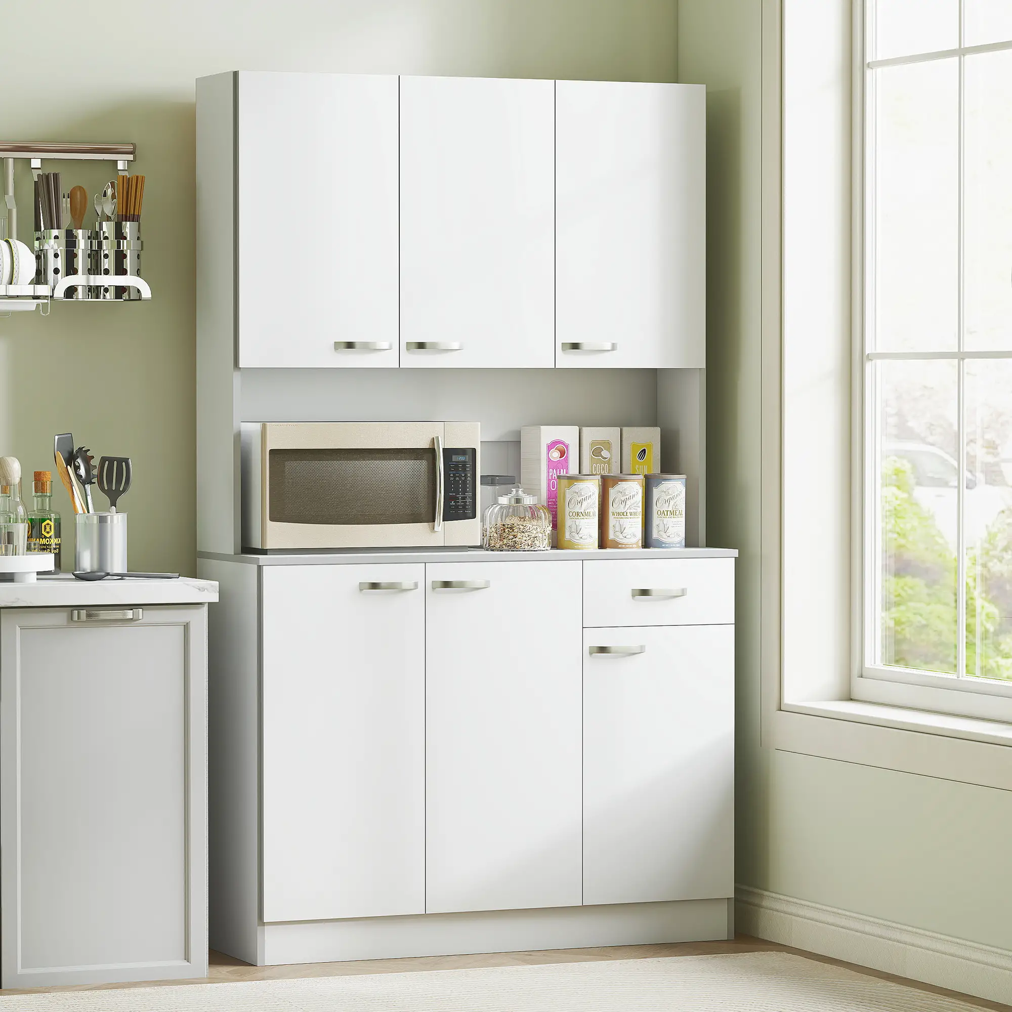71" Modern Buffet with Hutch, Storage Cabinets, Drawer, Microwave Stand, White - Image 2