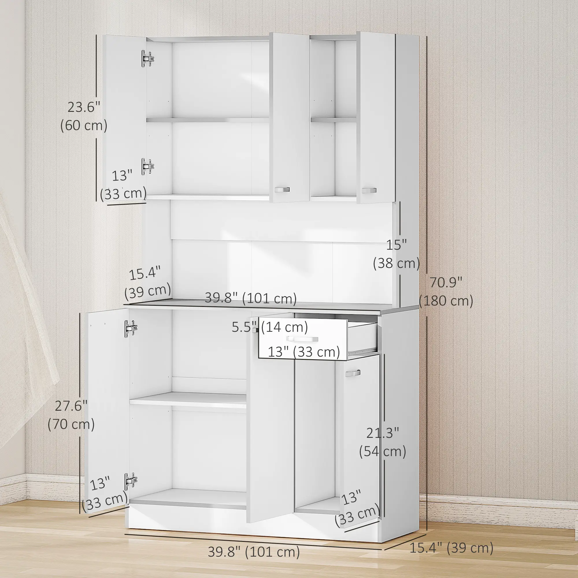 71" Modern Buffet with Hutch, Storage Cabinets, Drawer, Microwave Stand, White - Image 3