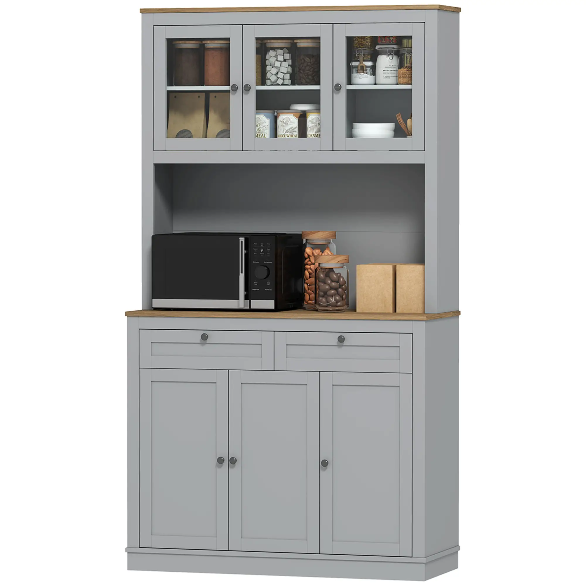 71" Pantry Cabinet with Microwave Space, 2 Drawers, Adjustable Shelves, Grey - Image 11