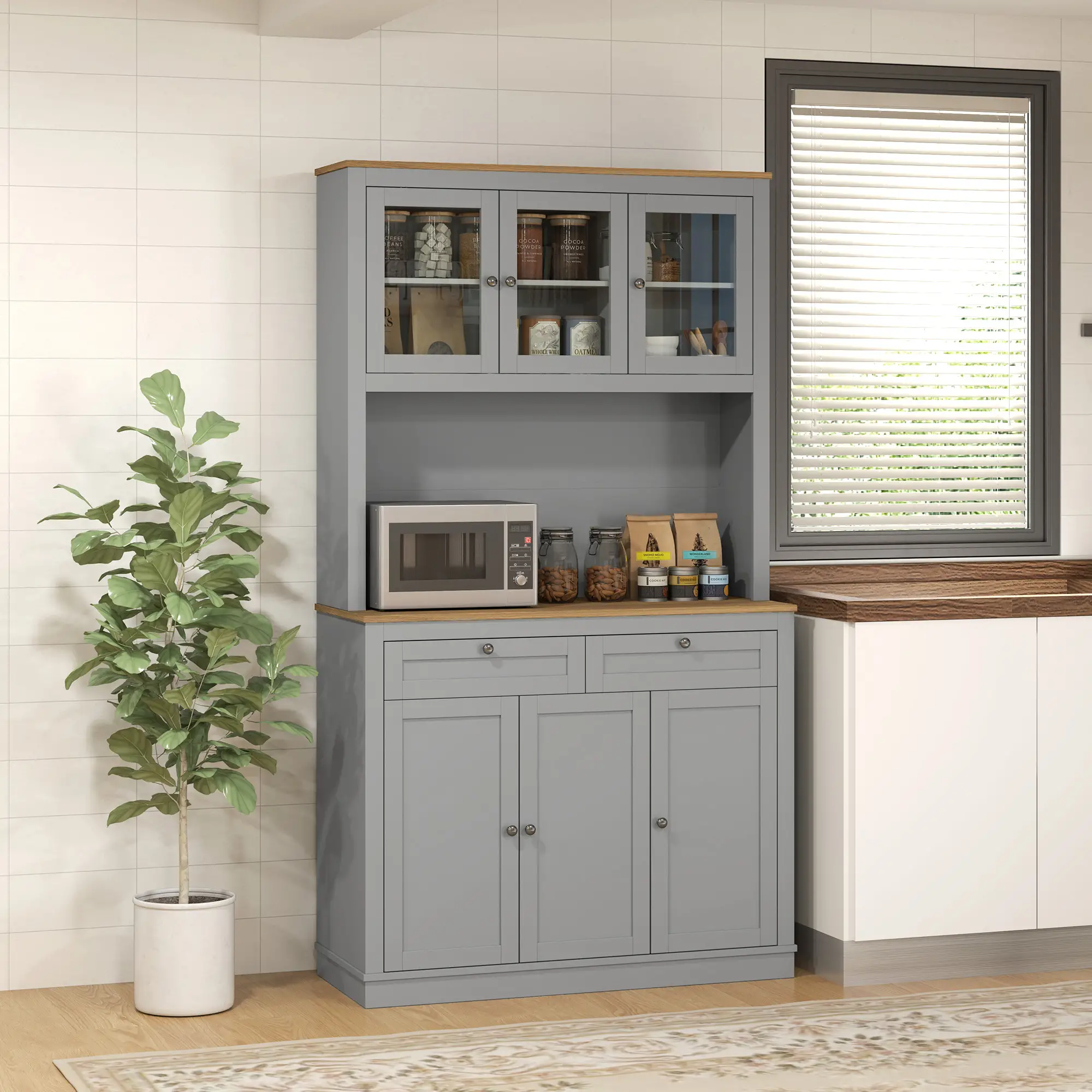 71" Pantry Cabinet with Microwave Space, 2 Drawers, Adjustable Shelves, Grey - Image 2