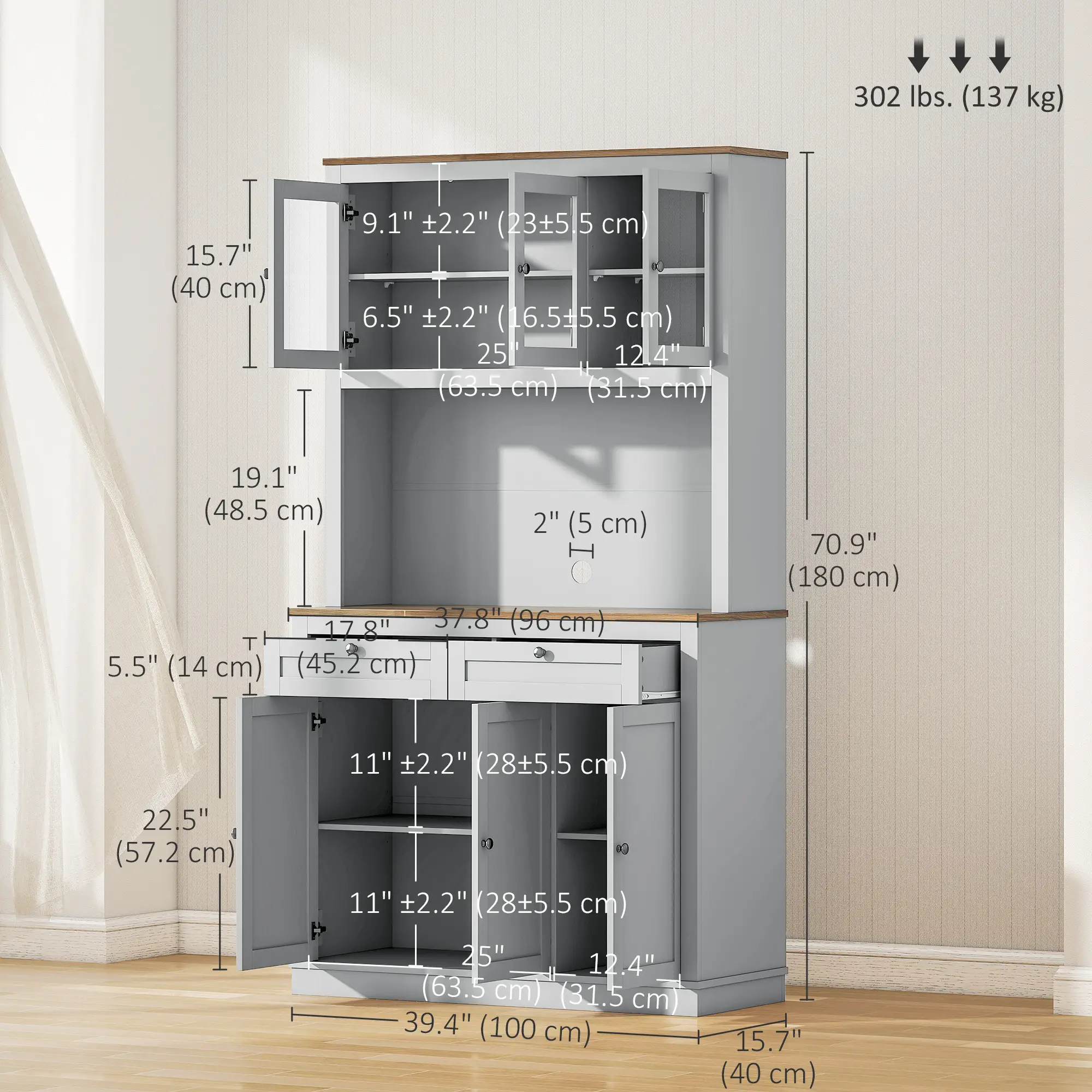 71" Pantry Cabinet with Microwave Space, 2 Drawers, Adjustable Shelves, Grey - Image 3