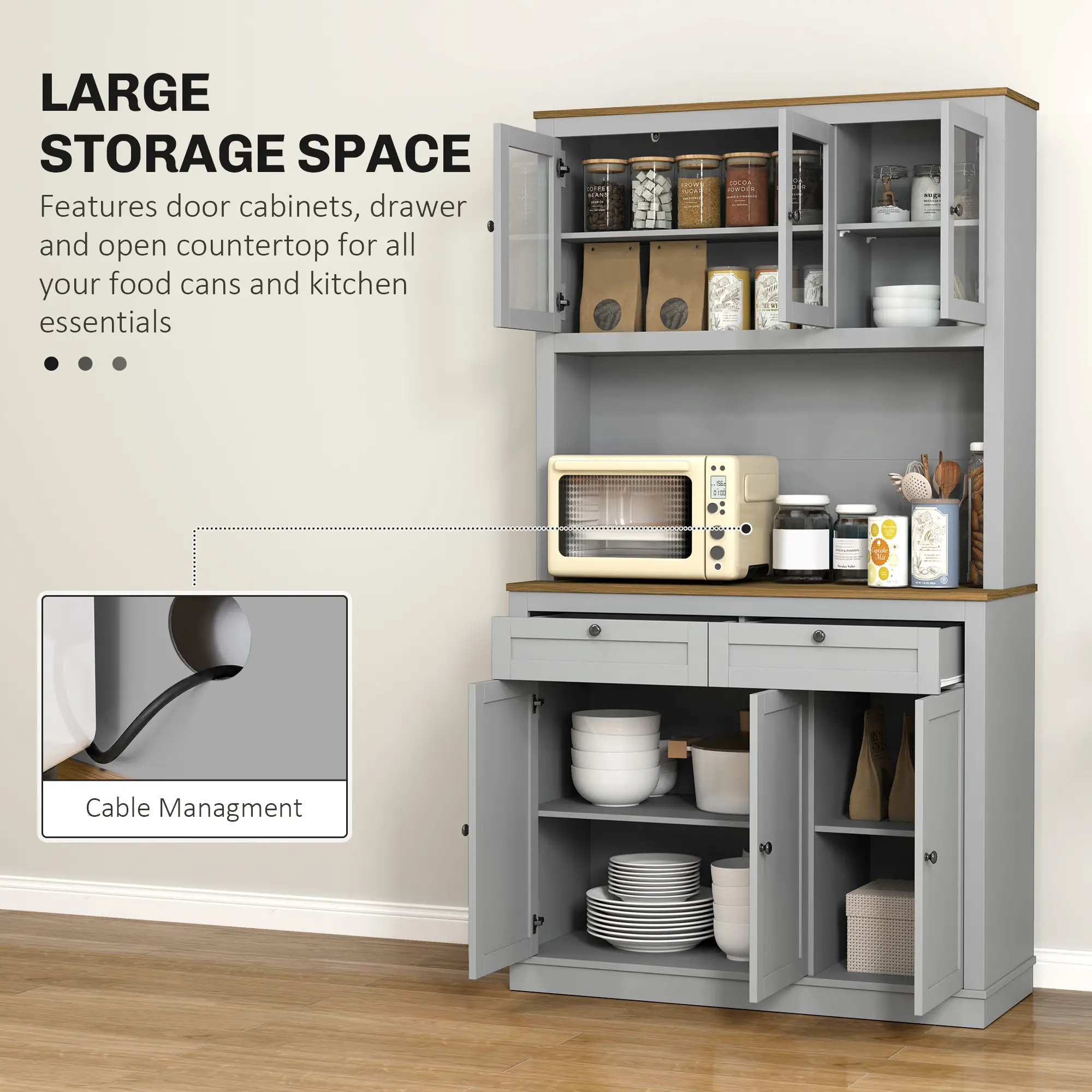 71" Pantry Cabinet with Microwave Space, 2 Drawers, Adjustable Shelves, Grey - Image 4