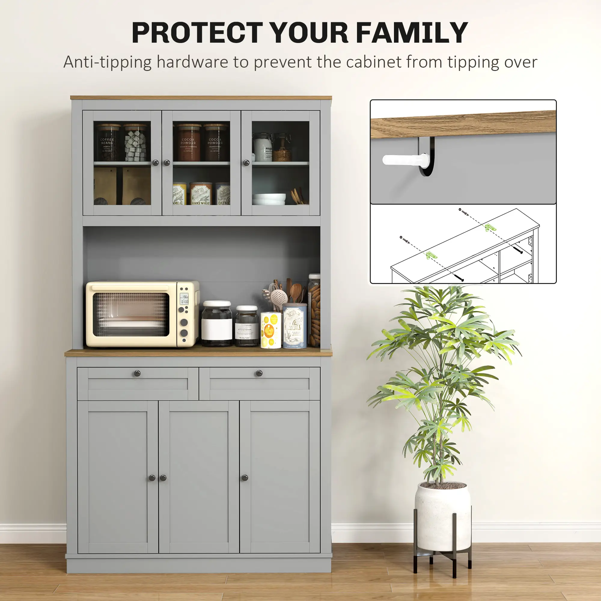 71" Pantry Cabinet with Microwave Space, 2 Drawers, Adjustable Shelves, Grey - Image 6