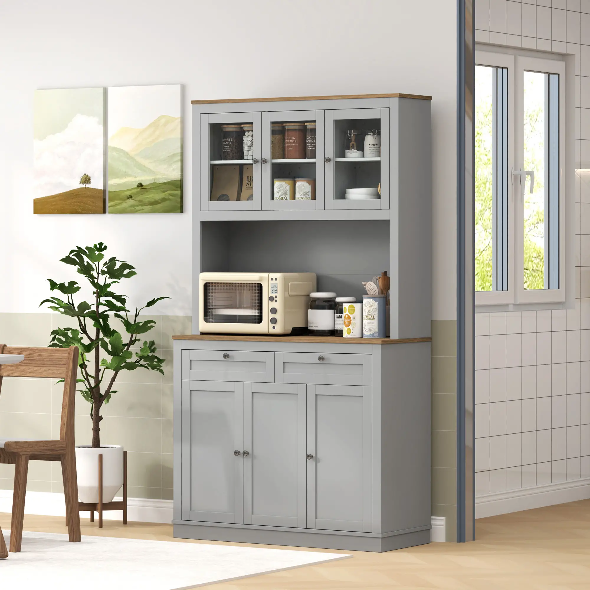 71" Pantry Cabinet with Microwave Space, 2 Drawers, Adjustable Shelves, Grey - Image 8