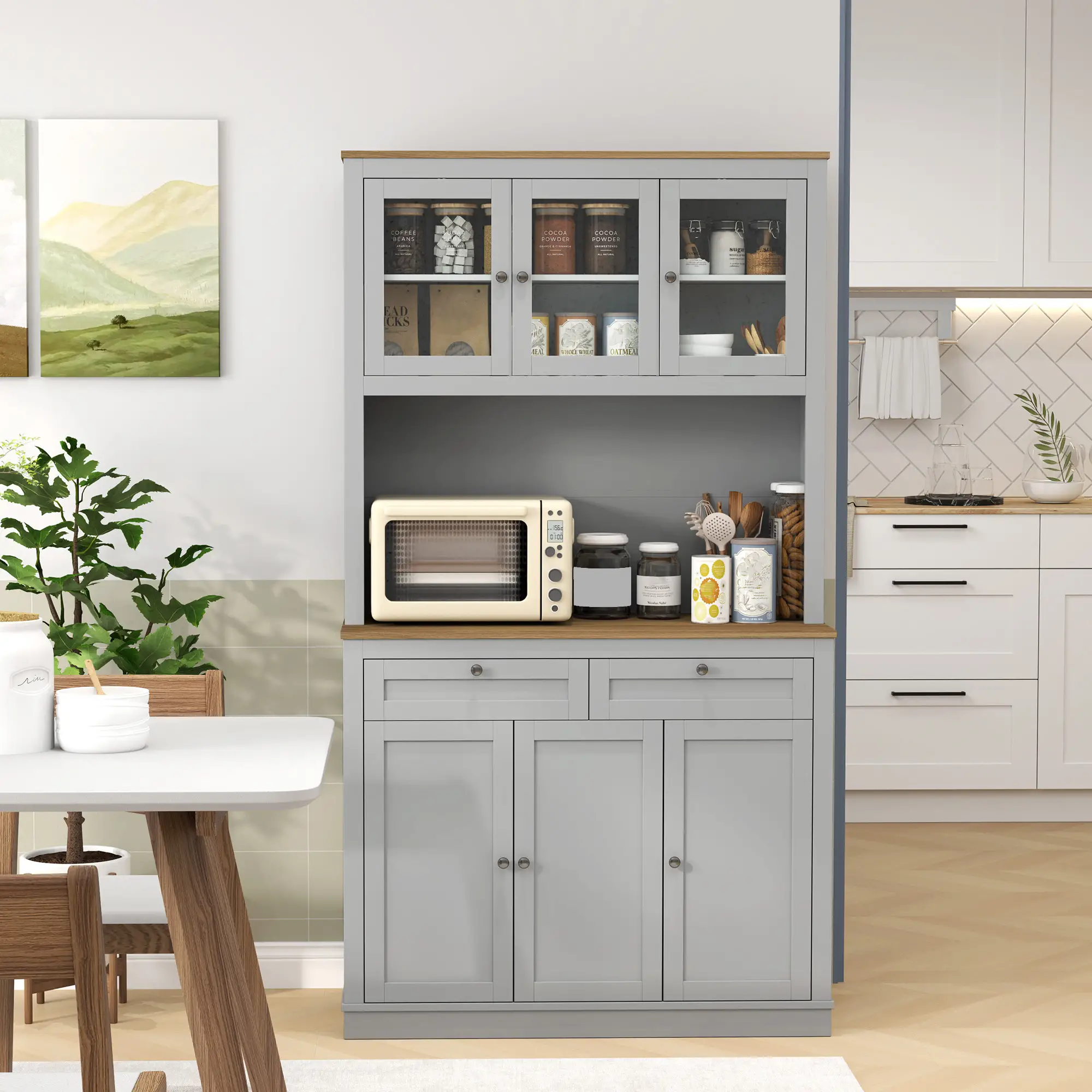 71" Pantry Cabinet with Microwave Space, 2 Drawers, Adjustable Shelves, Grey - Image 9