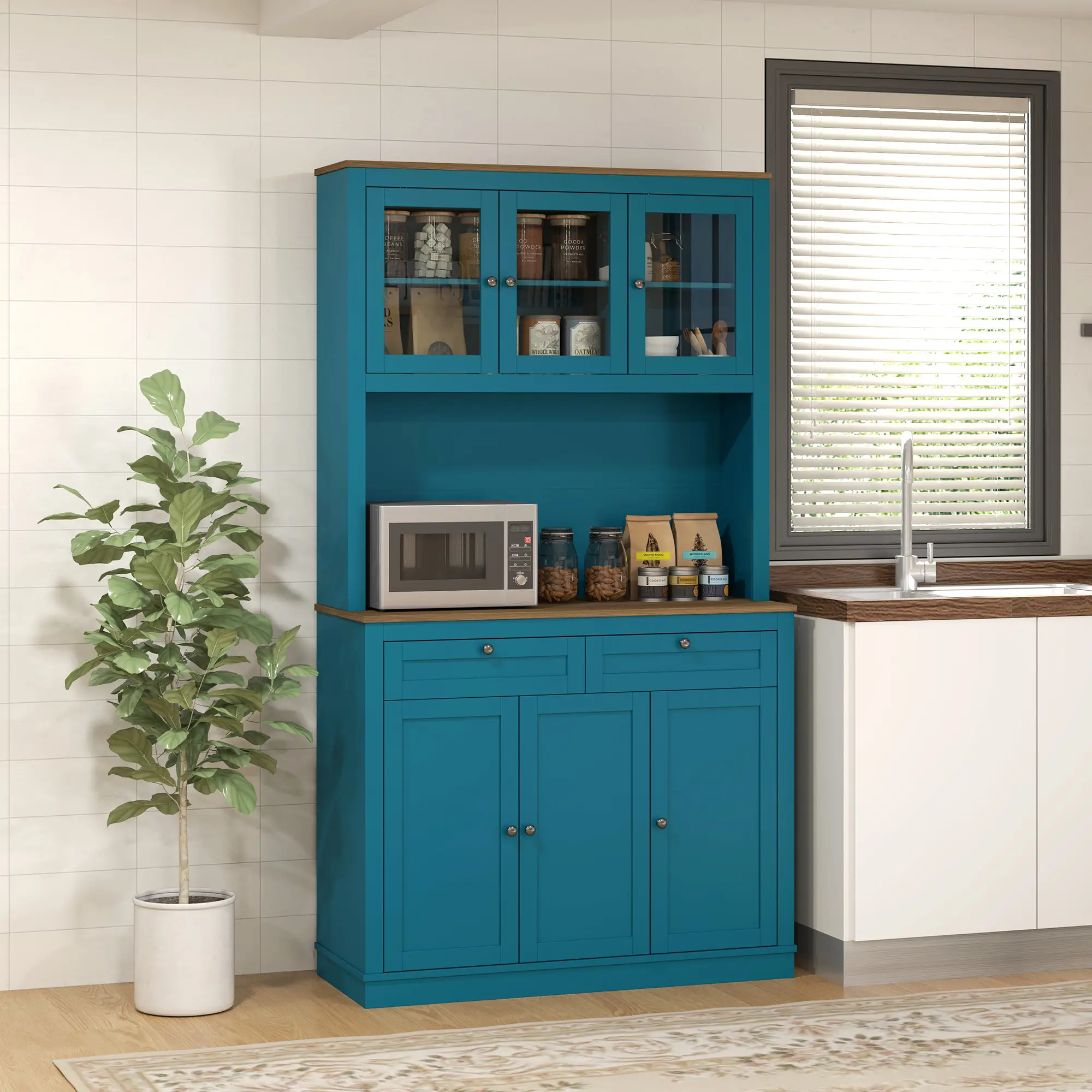 71" Pantry Cabinet with Microwave Space, Adjustable Shelves, Navy Blue - Image 2