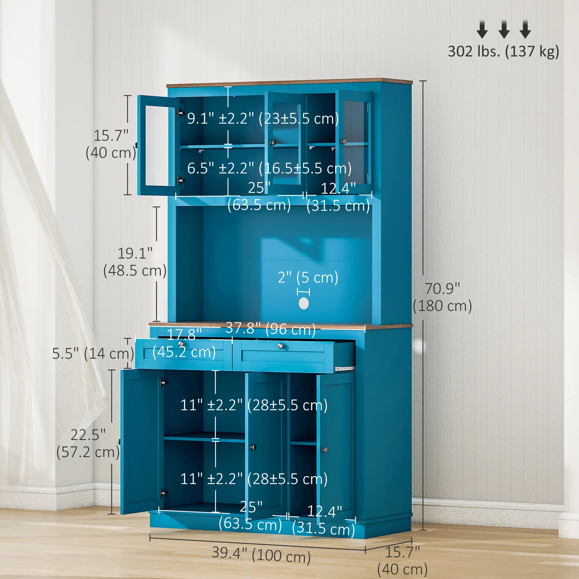 71" Pantry Cabinet with Microwave Space, Adjustable Shelves, Navy Blue - Image 3