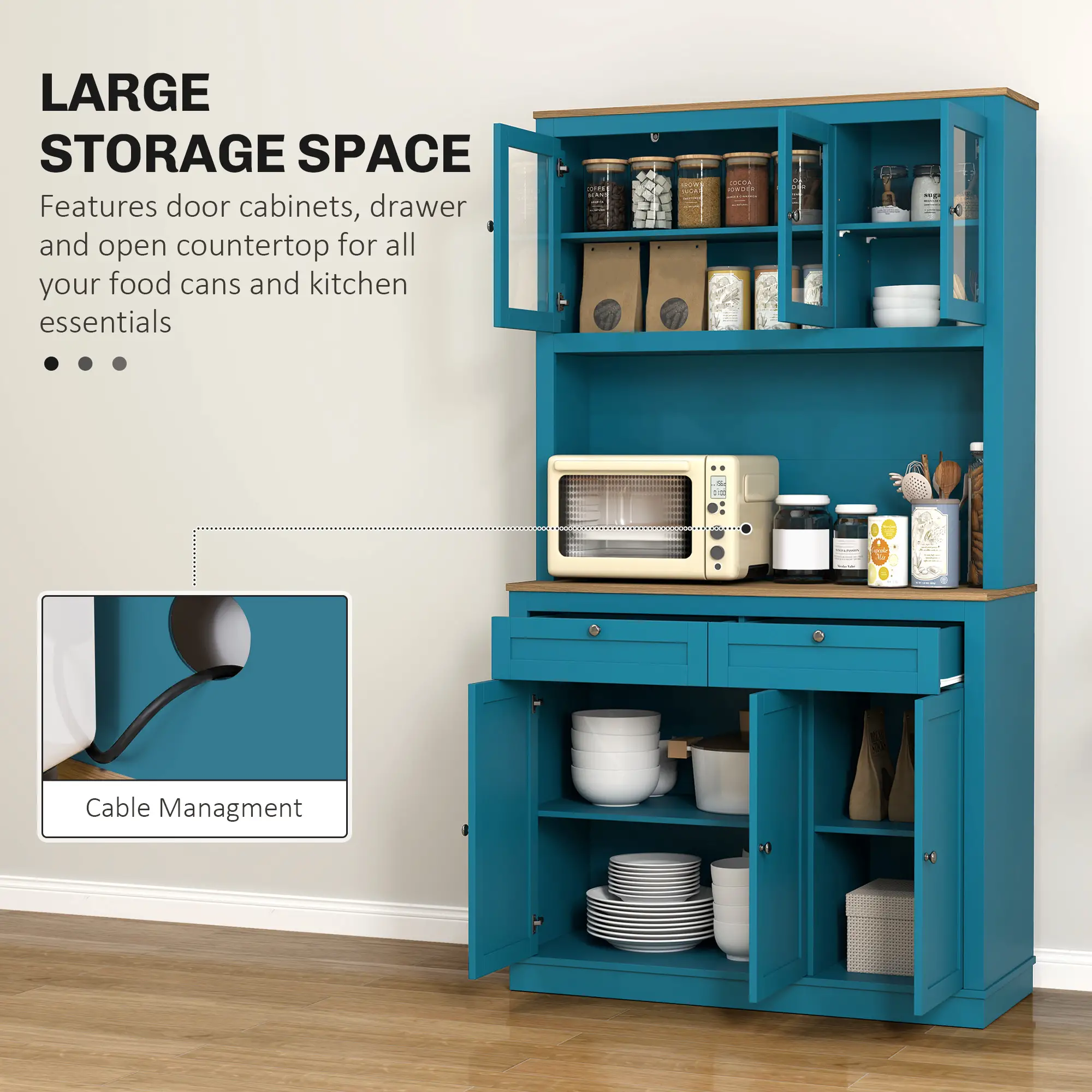 71" Pantry Cabinet with Microwave Space, Adjustable Shelves, Navy Blue - Image 4