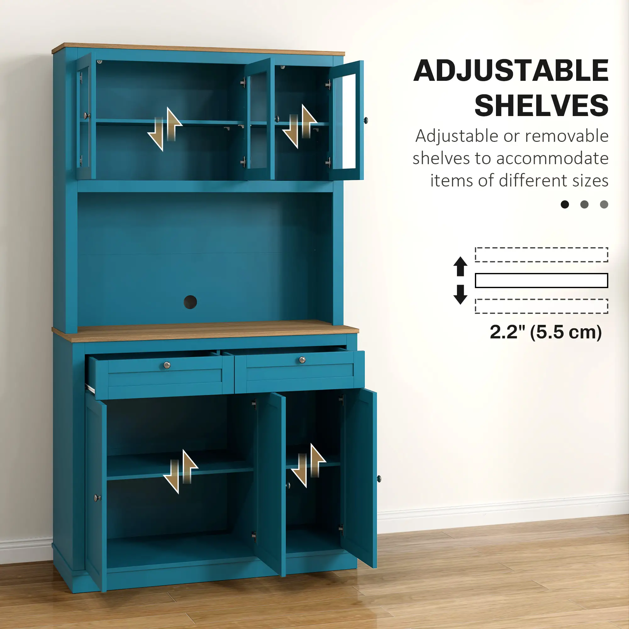 71" Pantry Cabinet with Microwave Space, Adjustable Shelves, Navy Blue - Image 5