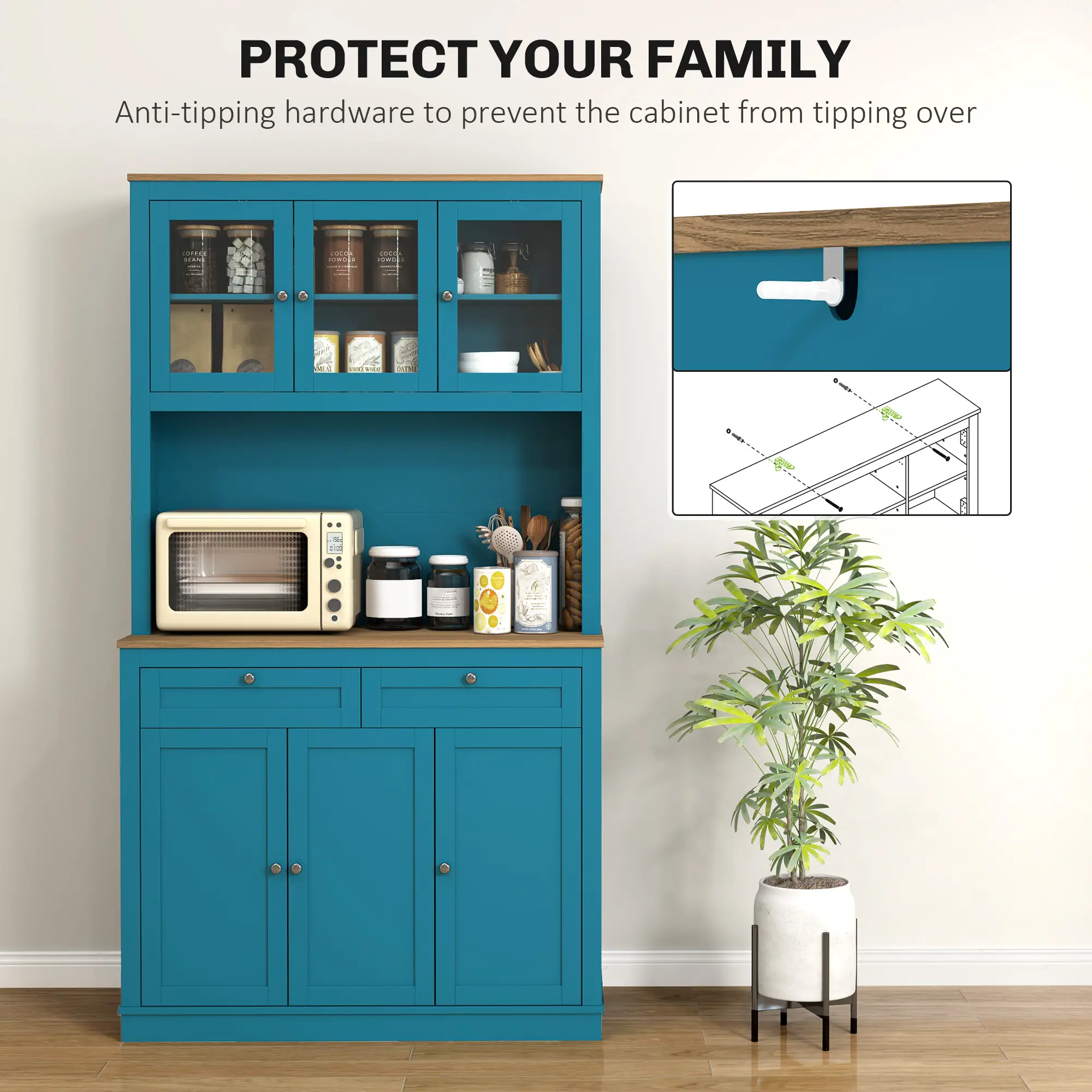 71" Pantry Cabinet with Microwave Space, Adjustable Shelves, Navy Blue - Image 6