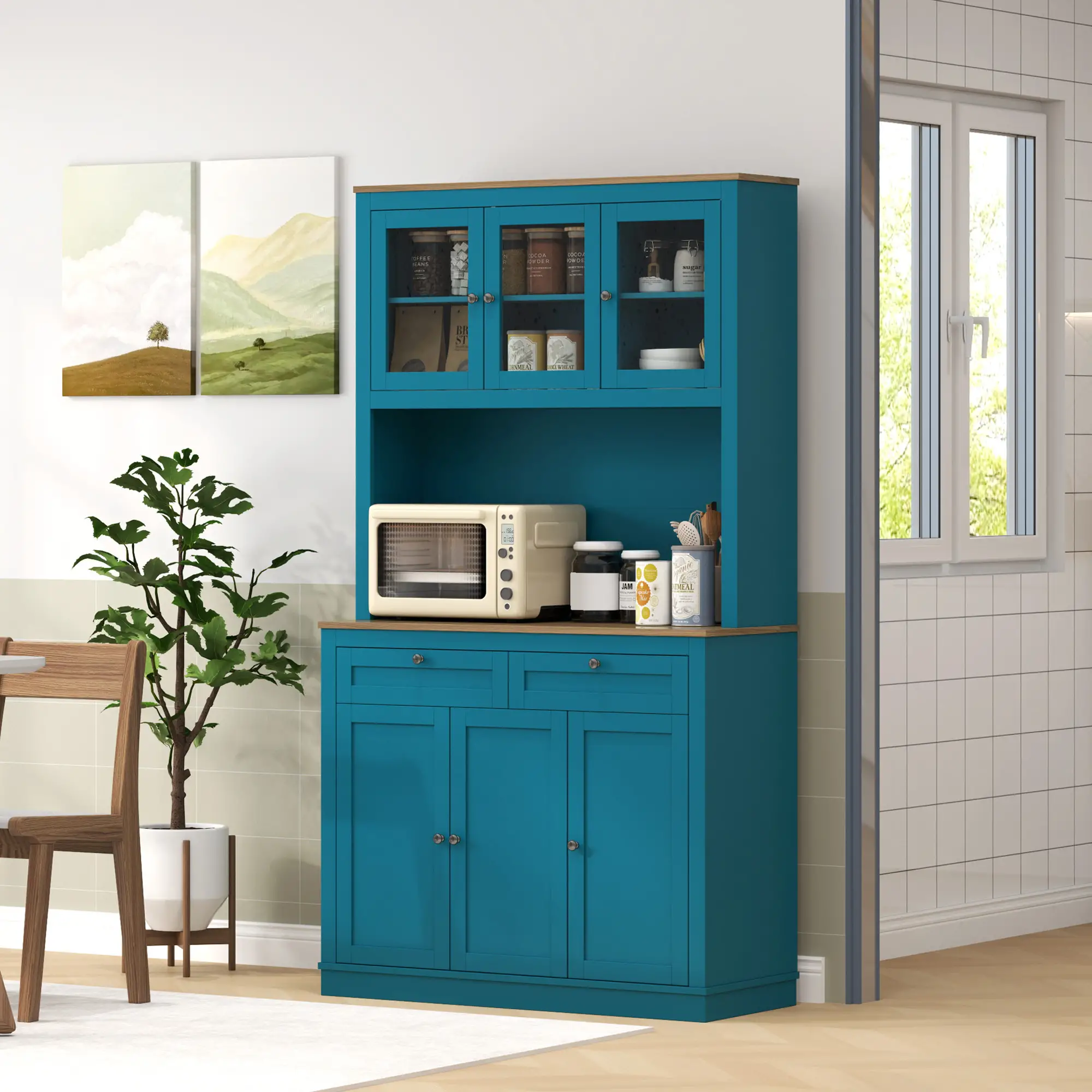 71" Pantry Cabinet with Microwave Space, Adjustable Shelves, Navy Blue - Image 8