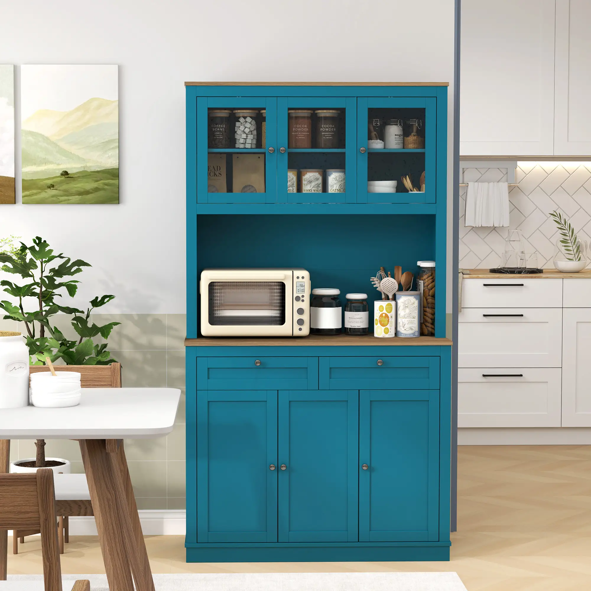 71" Pantry Cabinet with Microwave Space, Adjustable Shelves, Navy Blue - Image 9