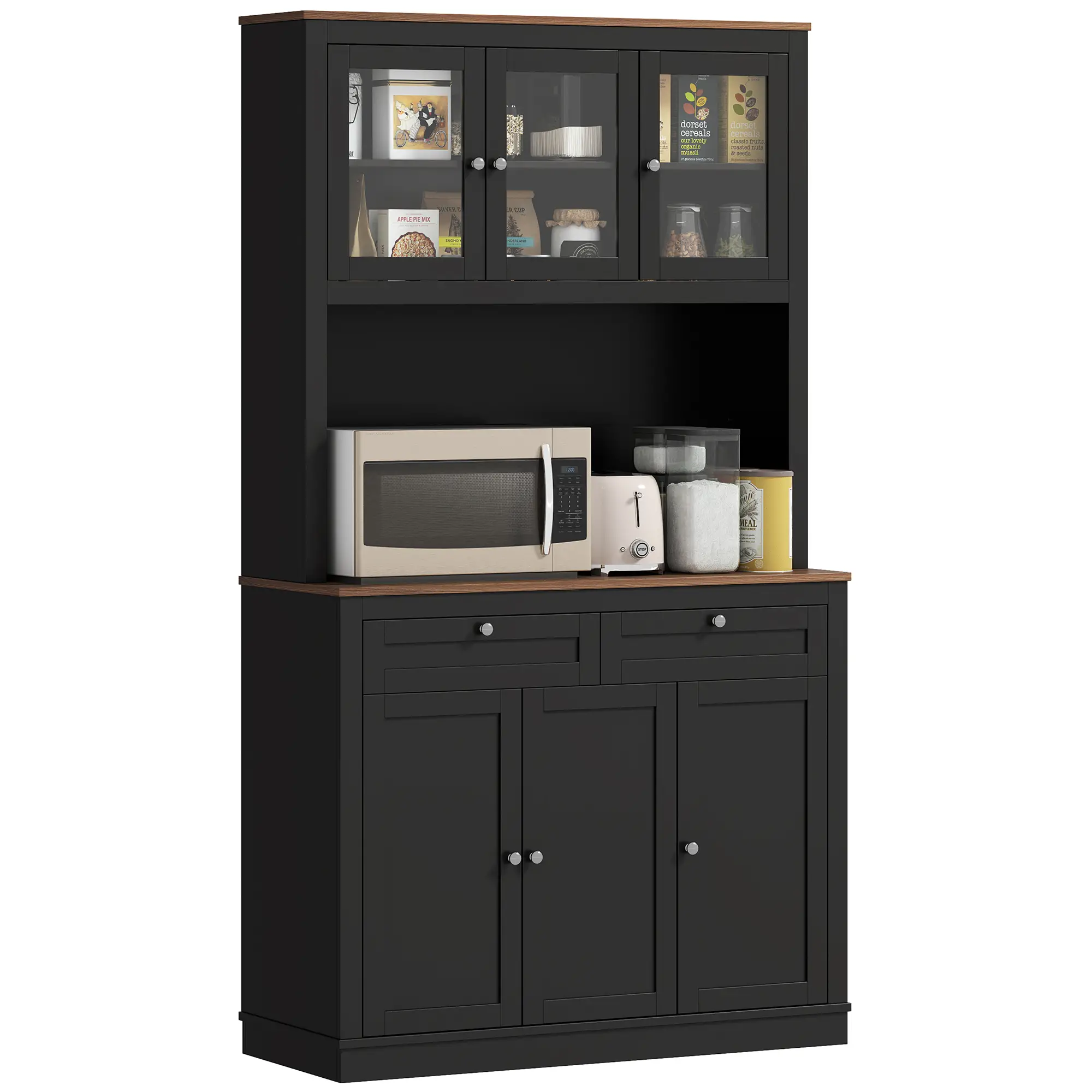 71" Pantry Cabinet with Microwave Space, Buffet Hutch, 2 Drawers, Adjustable Shelves, Black