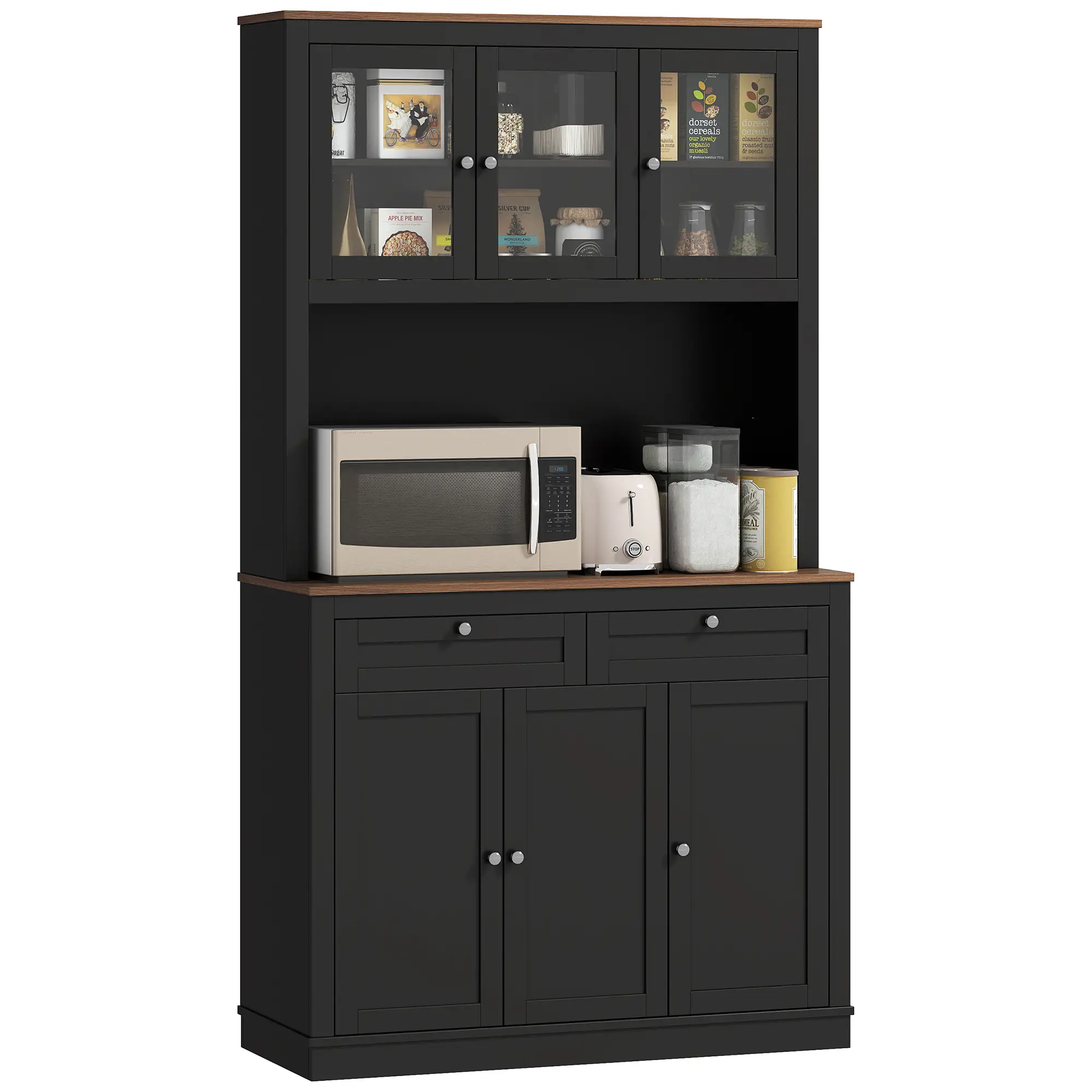 71" Pantry Cabinet with Microwave Space, Buffet Hutch, 2 Drawers, Adjustable Shelves, Black - Image 11