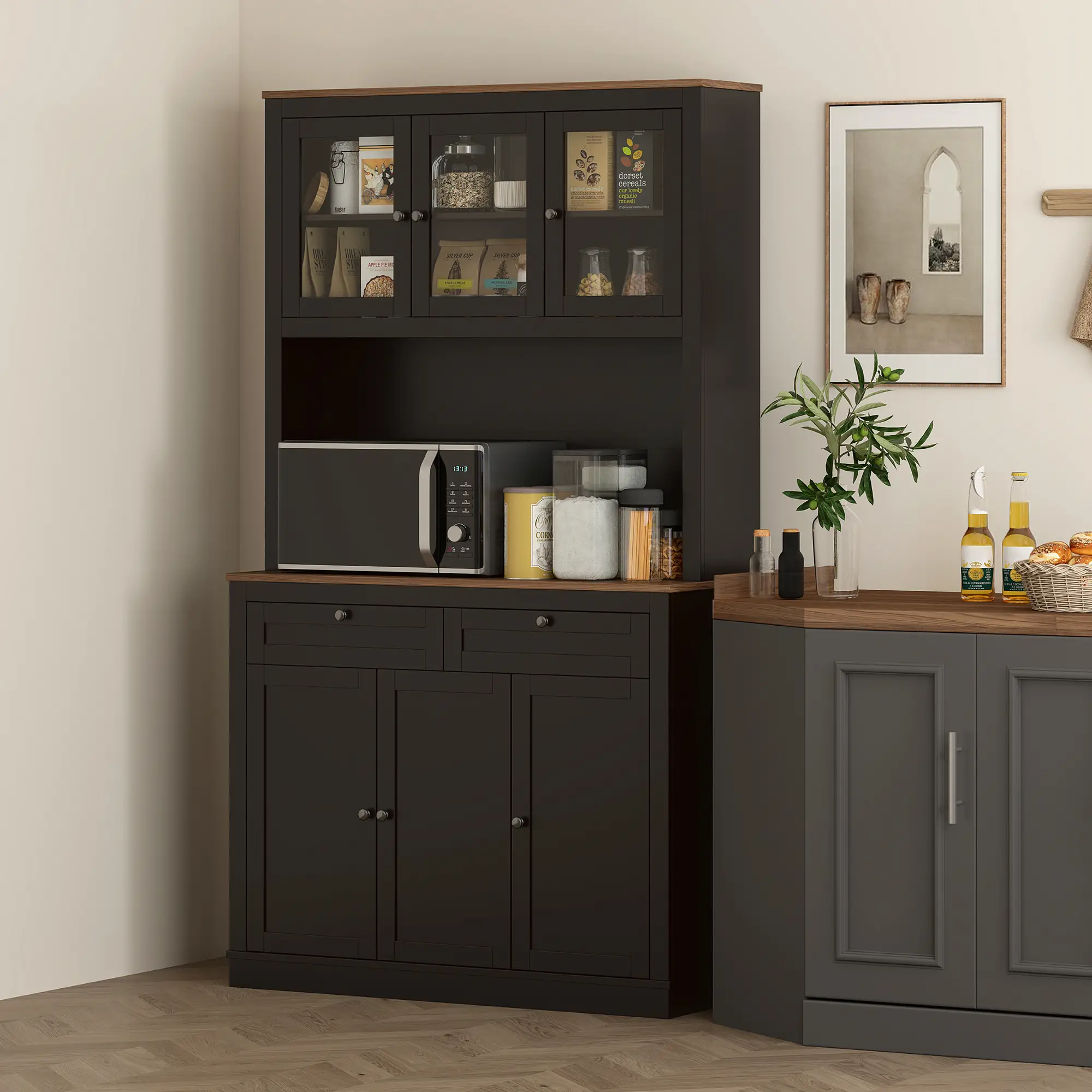 71" Pantry Cabinet with Microwave Space, Buffet Hutch, 2 Drawers, Adjustable Shelves, Black - Image 2