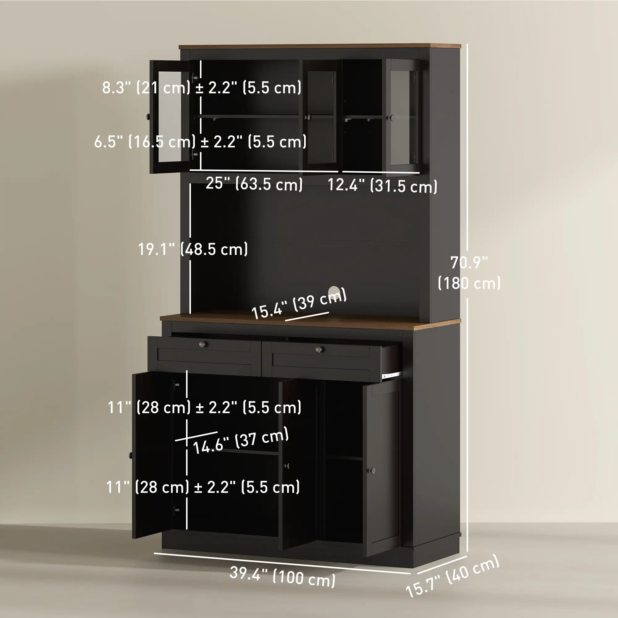 71" Pantry Cabinet with Microwave Space, Buffet Hutch, 2 Drawers, Adjustable Shelves, Black - Image 3