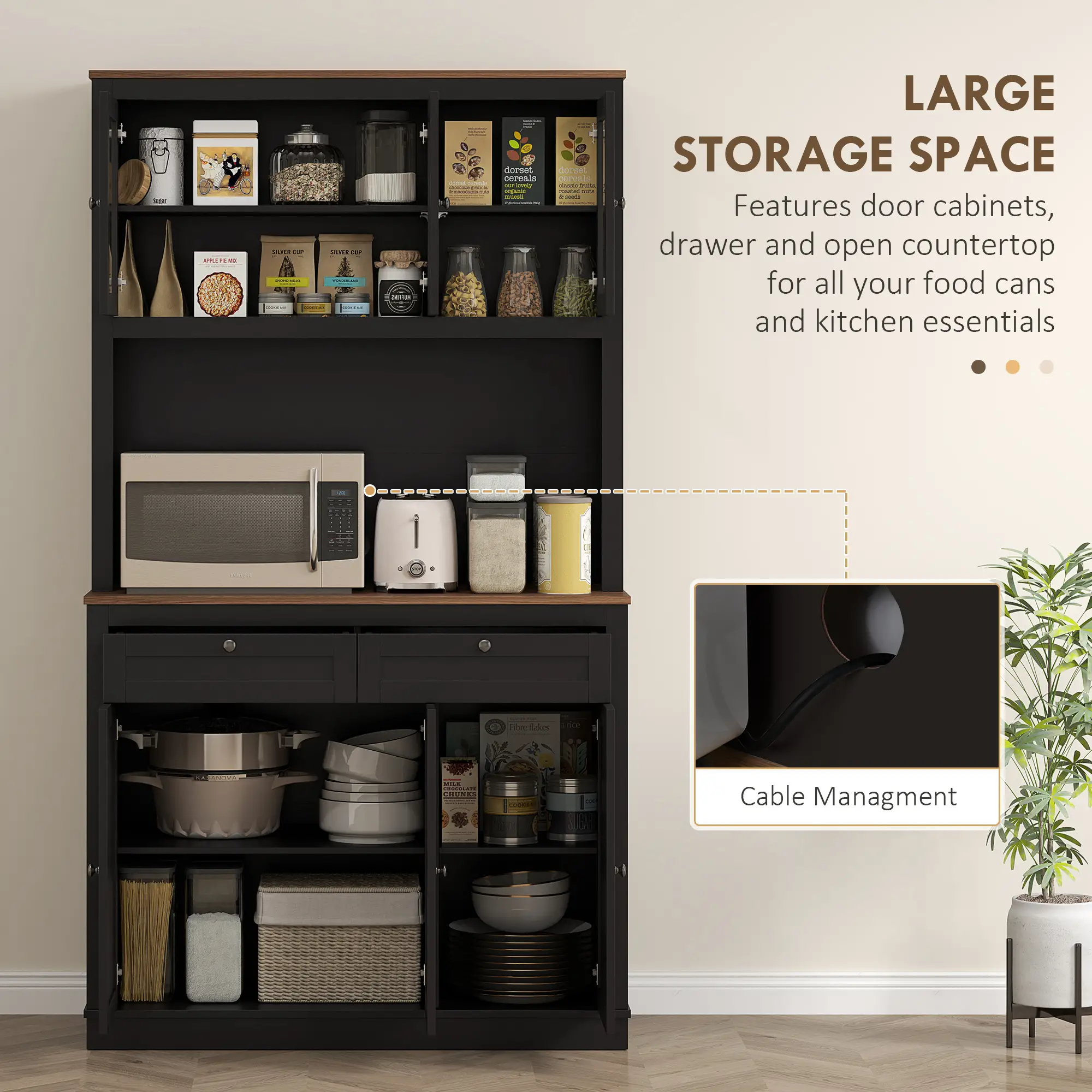 71" Pantry Cabinet with Microwave Space, Buffet Hutch, 2 Drawers, Adjustable Shelves, Black - Image 4
