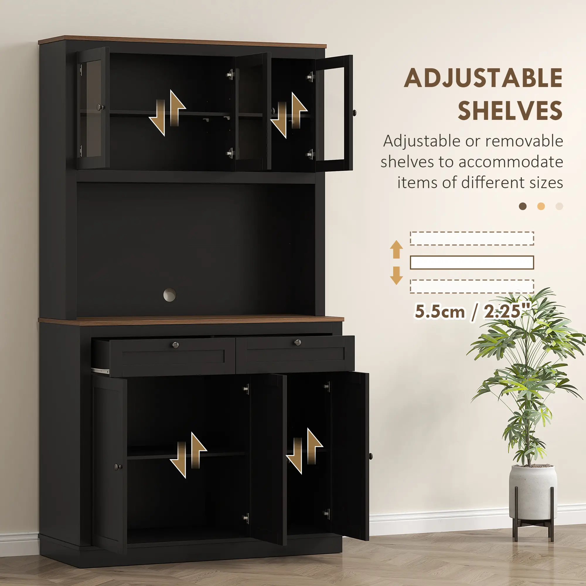 71" Pantry Cabinet with Microwave Space, Buffet Hutch, 2 Drawers, Adjustable Shelves, Black - Image 5