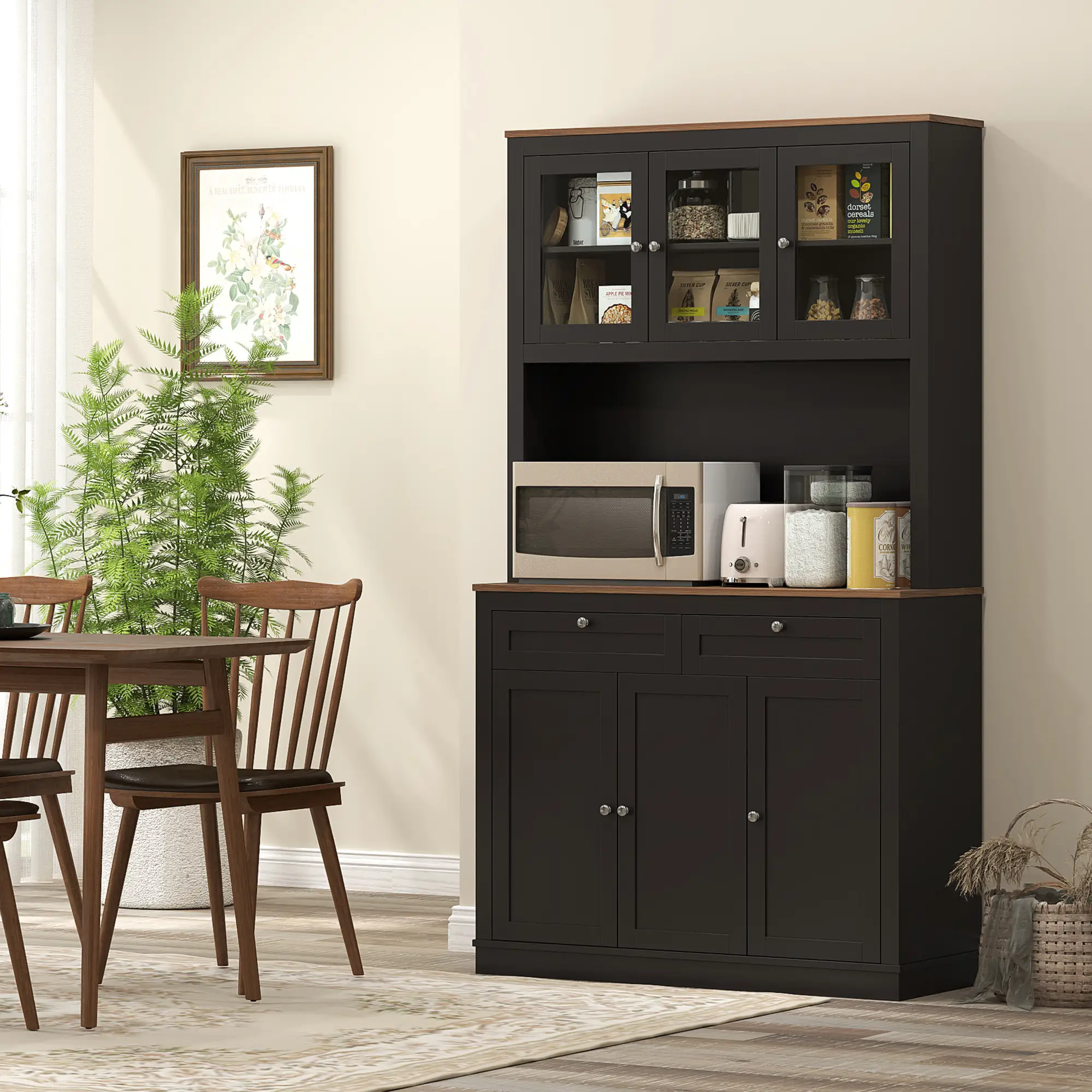 71" Pantry Cabinet with Microwave Space, Buffet Hutch, 2 Drawers, Adjustable Shelves, Black - Image 8