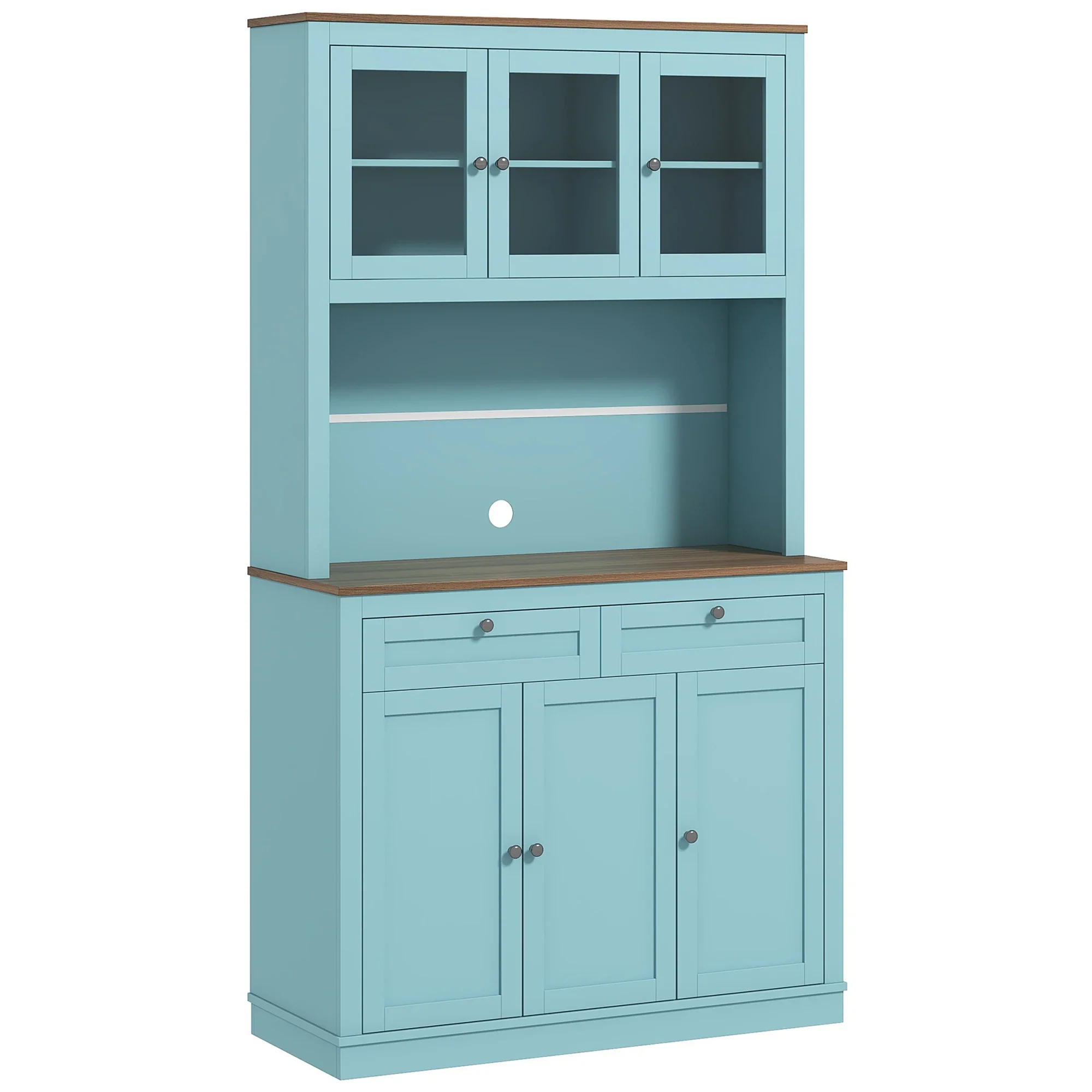 71" Pantry Cabinet with Microwave Space, Buffet Hutch, 2 Drawers, Adjustable Shelves, Glass Doors, Blue