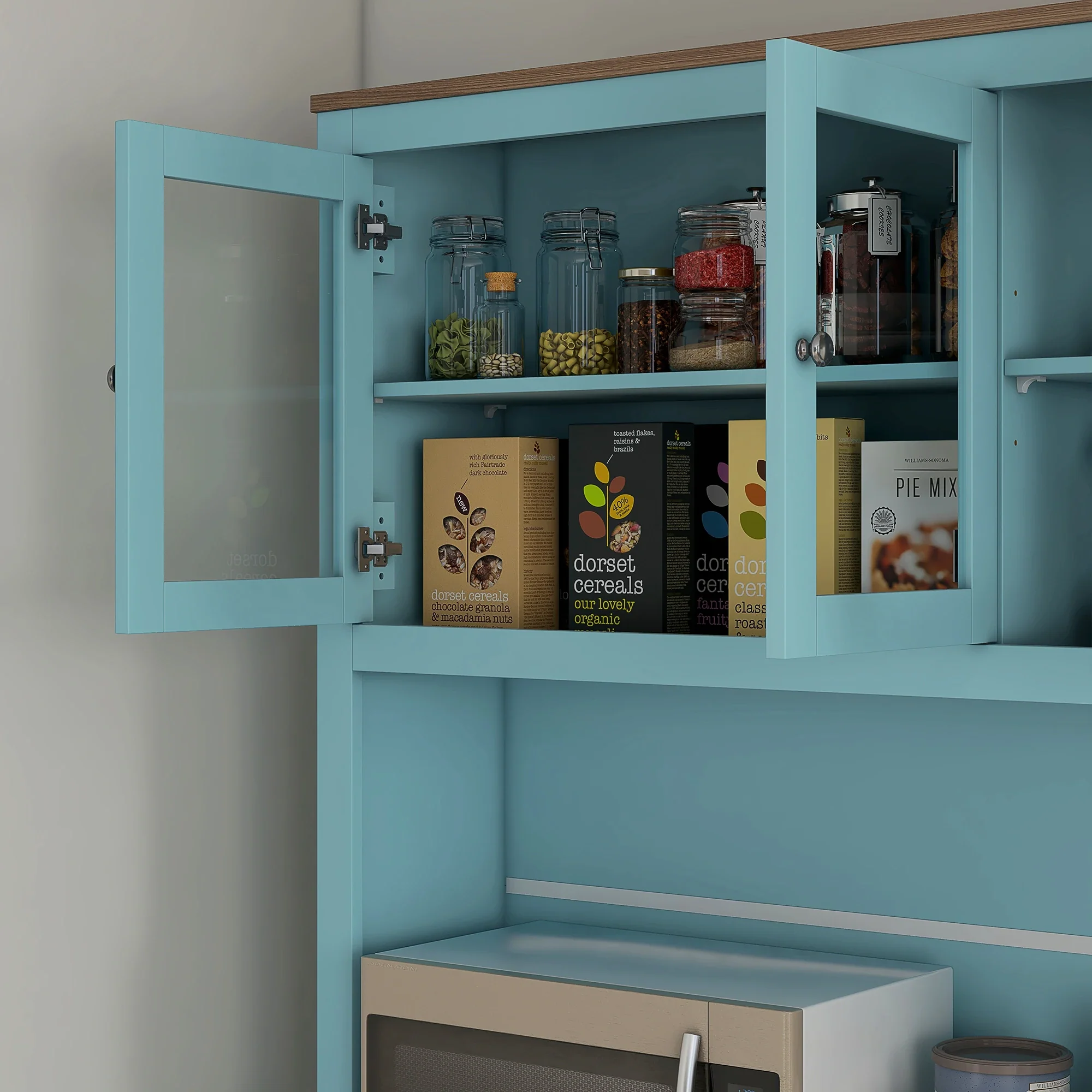 71" Pantry Cabinet with Microwave Space, Buffet Hutch, 2 Drawers, Adjustable Shelves, Glass Doors, Blue - Image 10