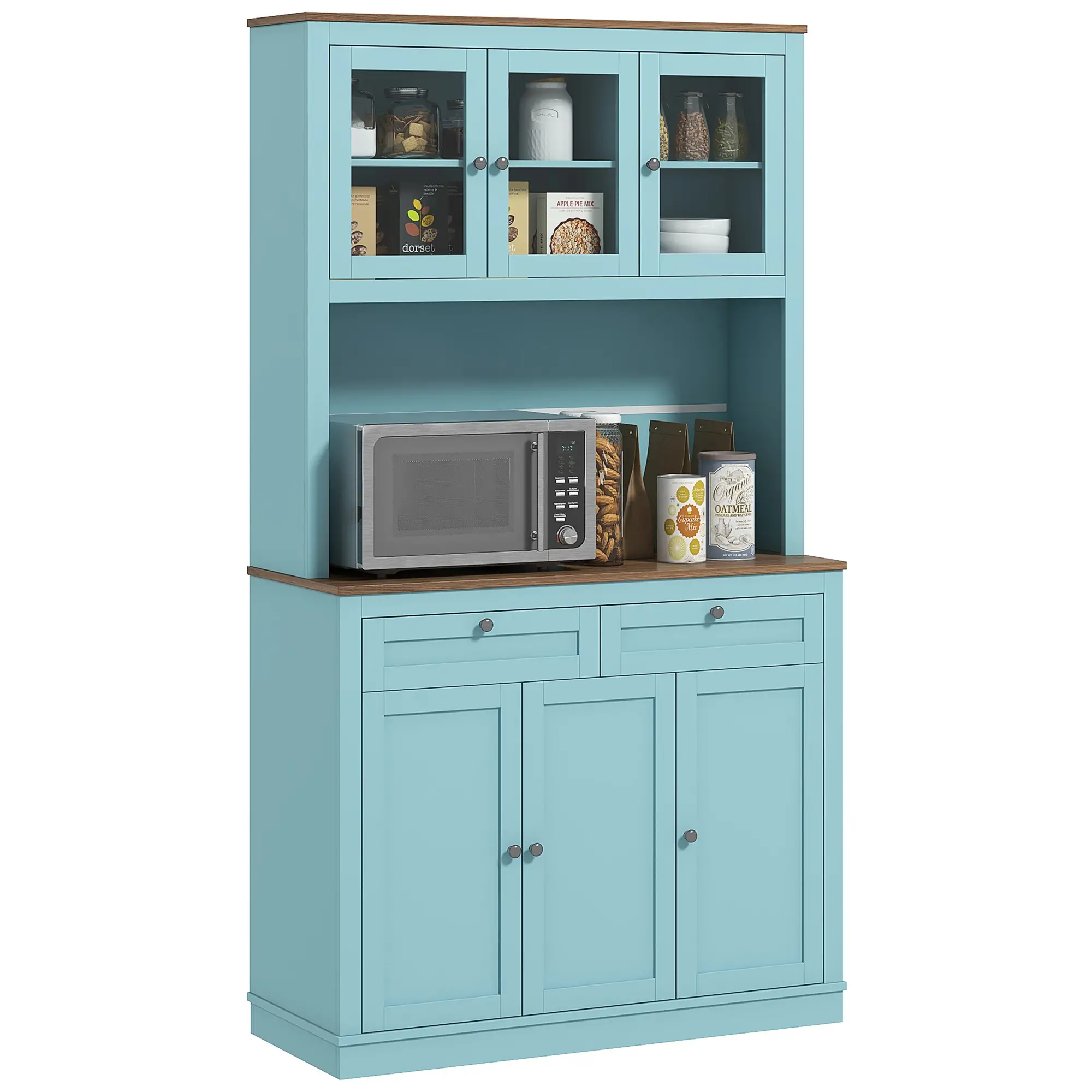71" Pantry Cabinet with Microwave Space, Buffet Hutch, 2 Drawers, Adjustable Shelves, Glass Doors, Blue - Image 11