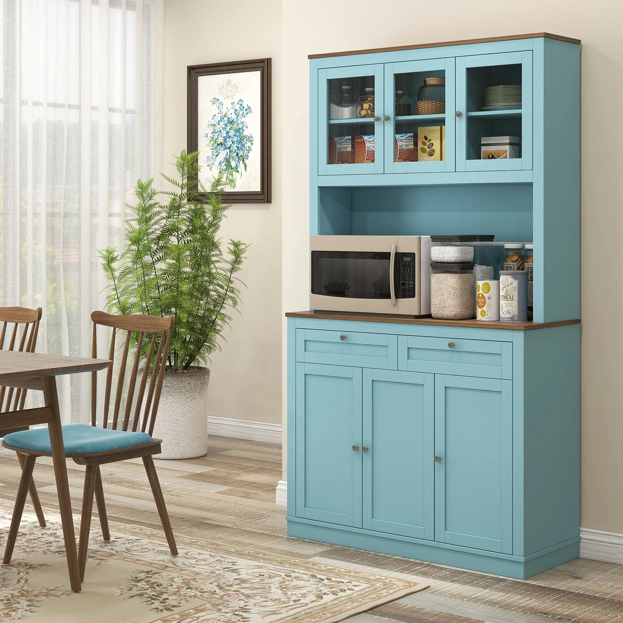 71" Pantry Cabinet with Microwave Space, Buffet Hutch, 2 Drawers, Adjustable Shelves, Glass Doors, Blue - Image 2
