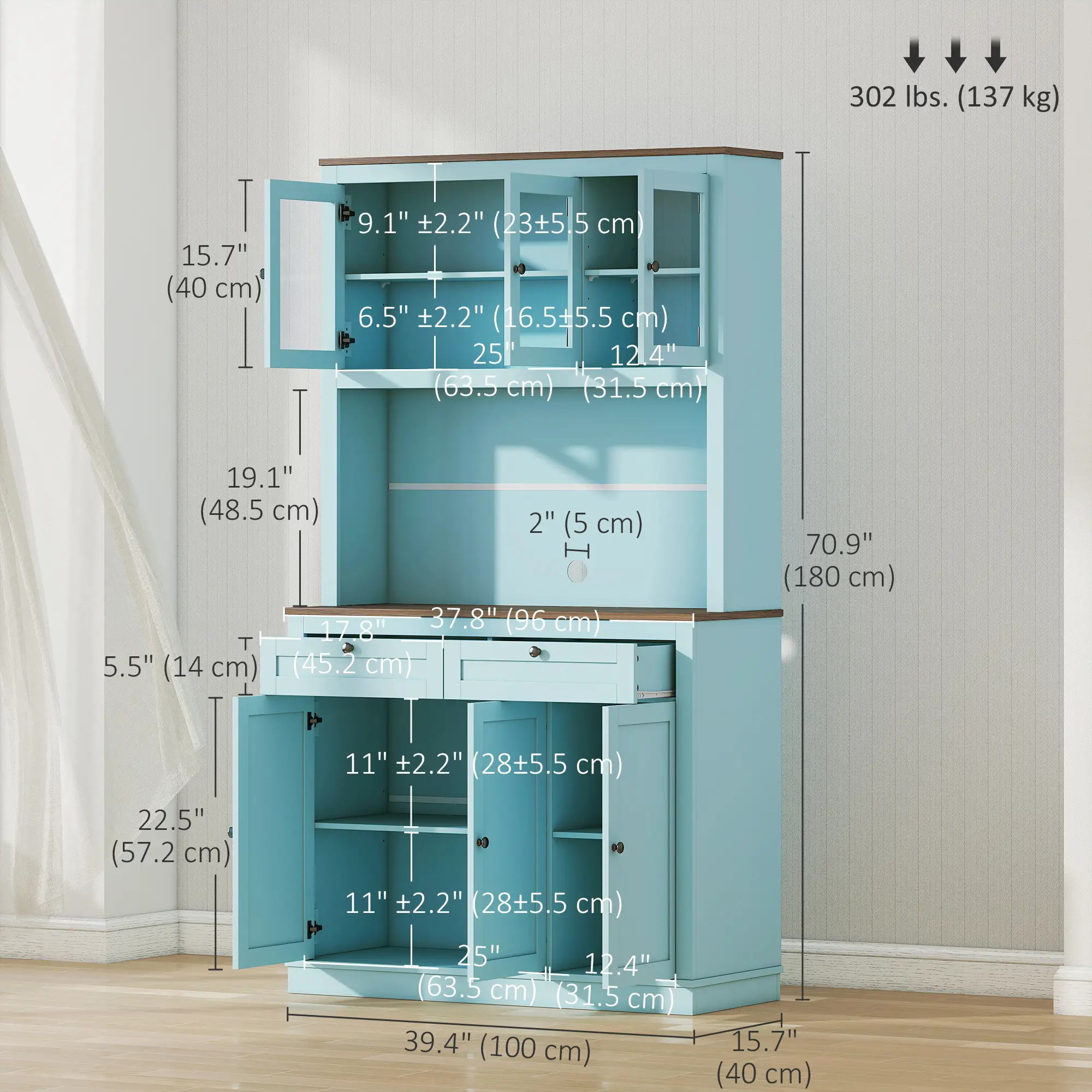 71" Pantry Cabinet with Microwave Space, Buffet Hutch, 2 Drawers, Adjustable Shelves, Glass Doors, Blue - Image 3