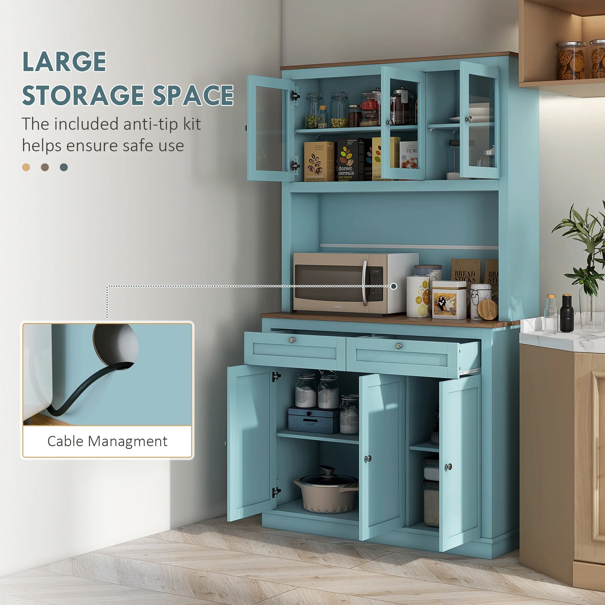 71" Pantry Cabinet with Microwave Space, Buffet Hutch, 2 Drawers, Adjustable Shelves, Glass Doors, Blue - Image 4