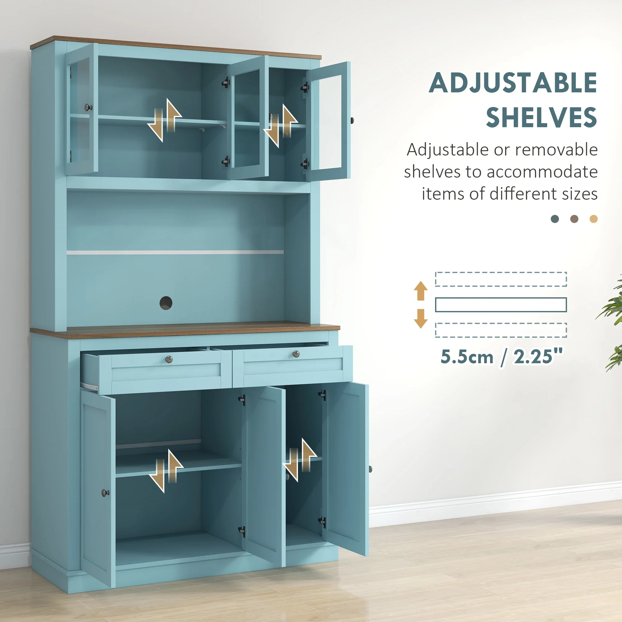 71" Pantry Cabinet with Microwave Space, Buffet Hutch, 2 Drawers, Adjustable Shelves, Glass Doors, Blue - Image 5