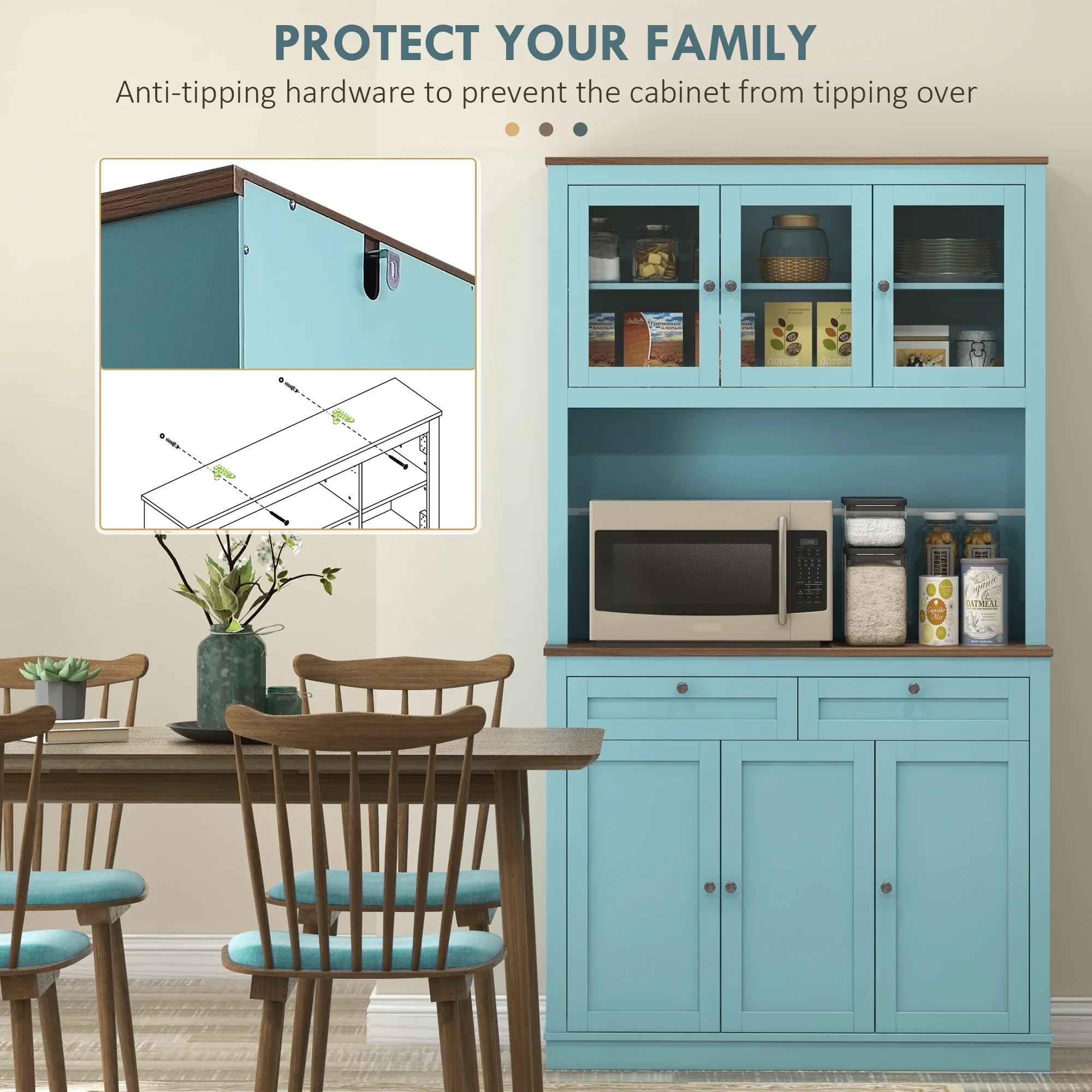 71" Pantry Cabinet with Microwave Space, Buffet Hutch, 2 Drawers, Adjustable Shelves, Glass Doors, Blue - Image 6