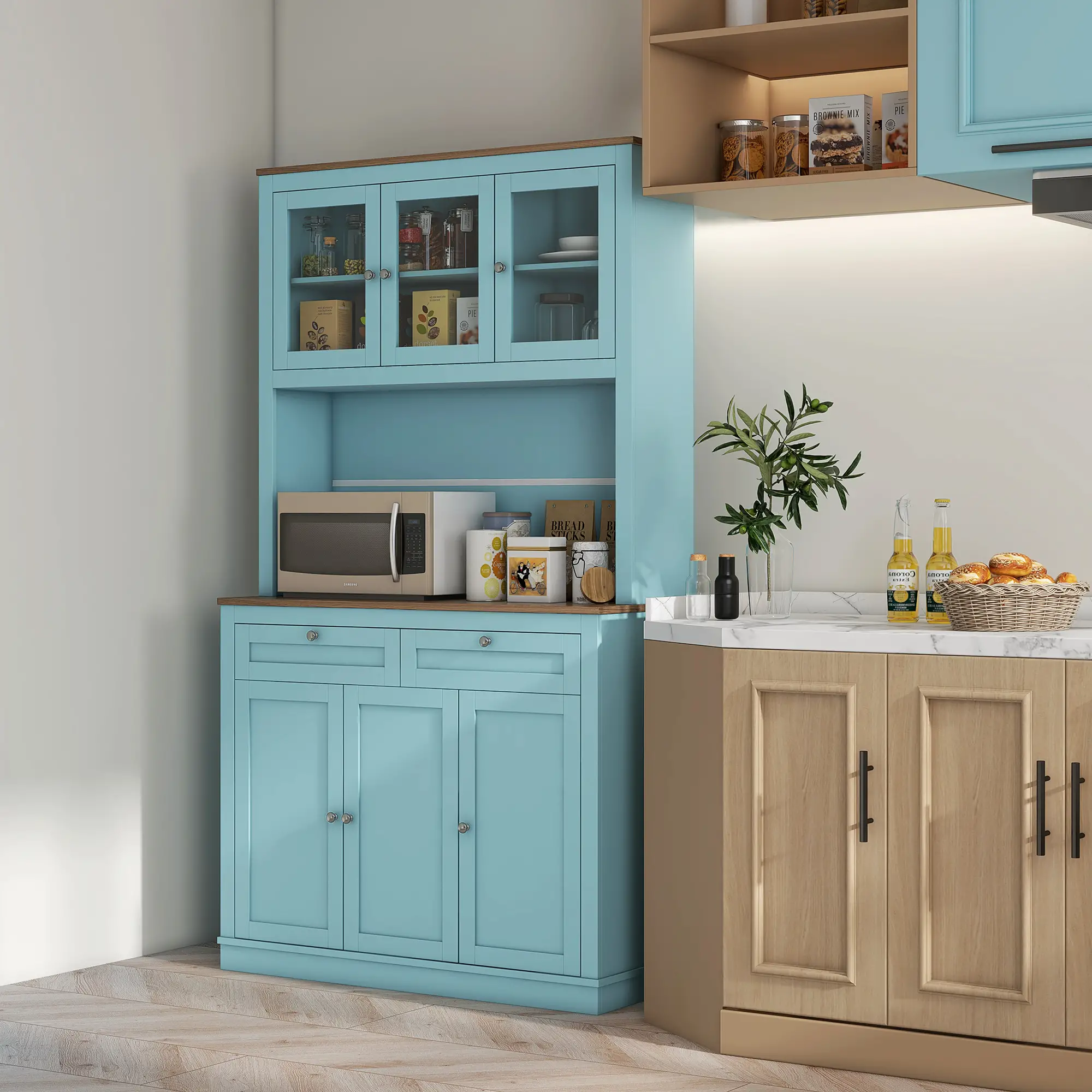 71" Pantry Cabinet with Microwave Space, Buffet Hutch, 2 Drawers, Adjustable Shelves, Glass Doors, Blue - Image 8