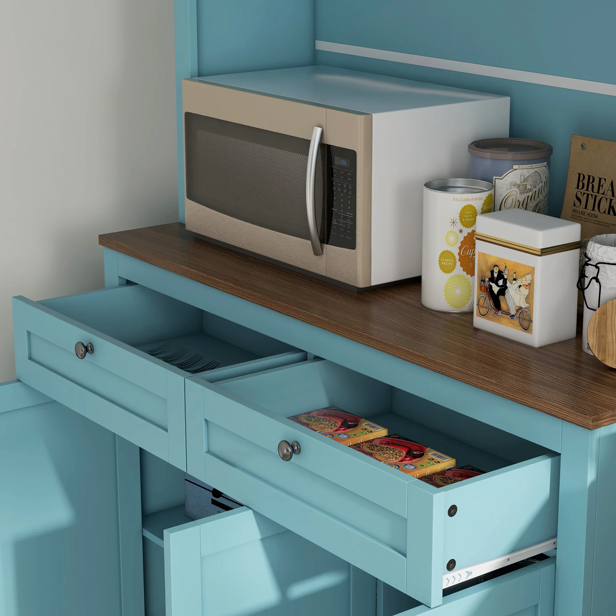 71" Pantry Cabinet with Microwave Space, Buffet Hutch, 2 Drawers, Adjustable Shelves, Glass Doors, Blue - Image 9