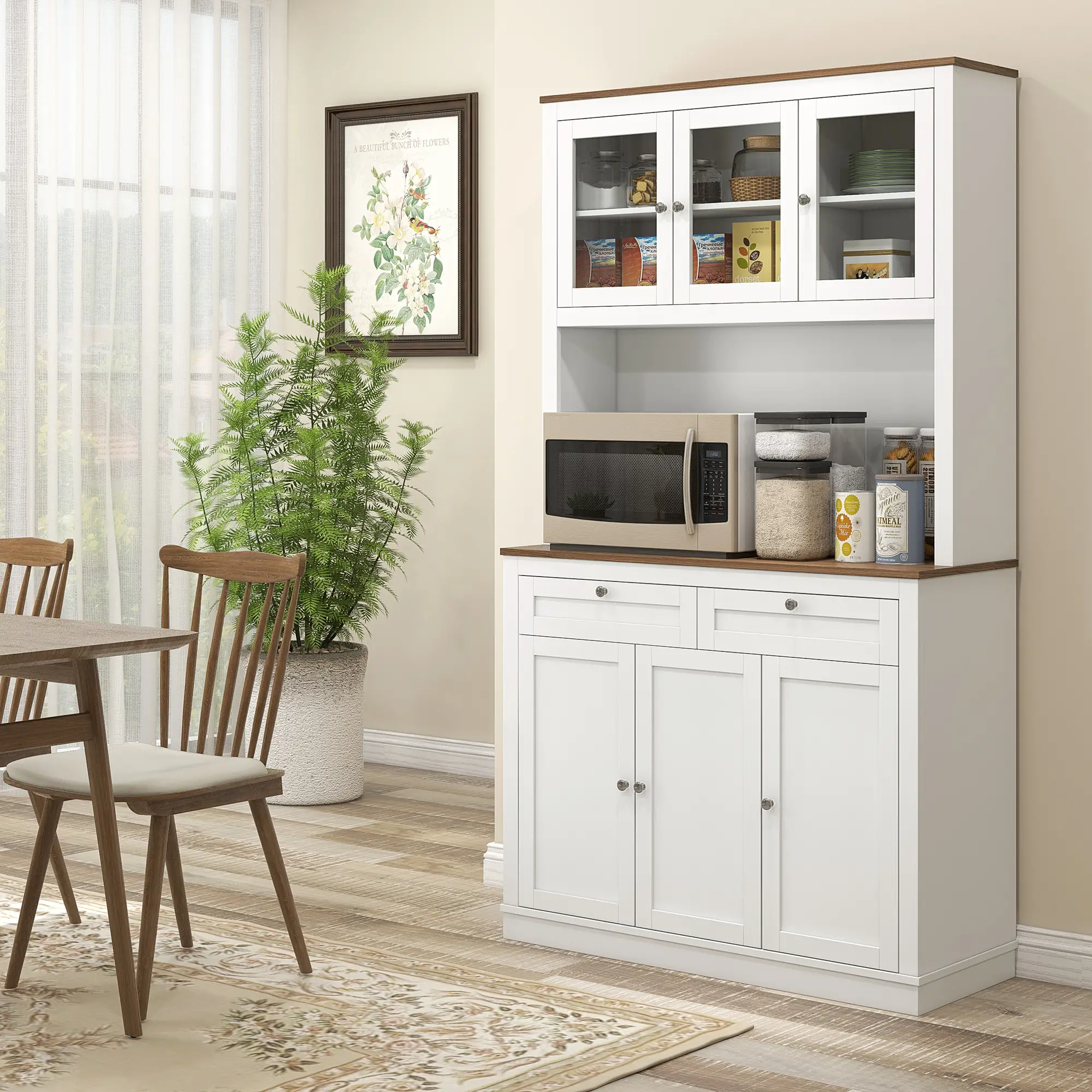 71" Pantry Cabinet with Microwave Space, Buffet Hutch, 2 Drawers, Adjustable Shelves, White - Image 2