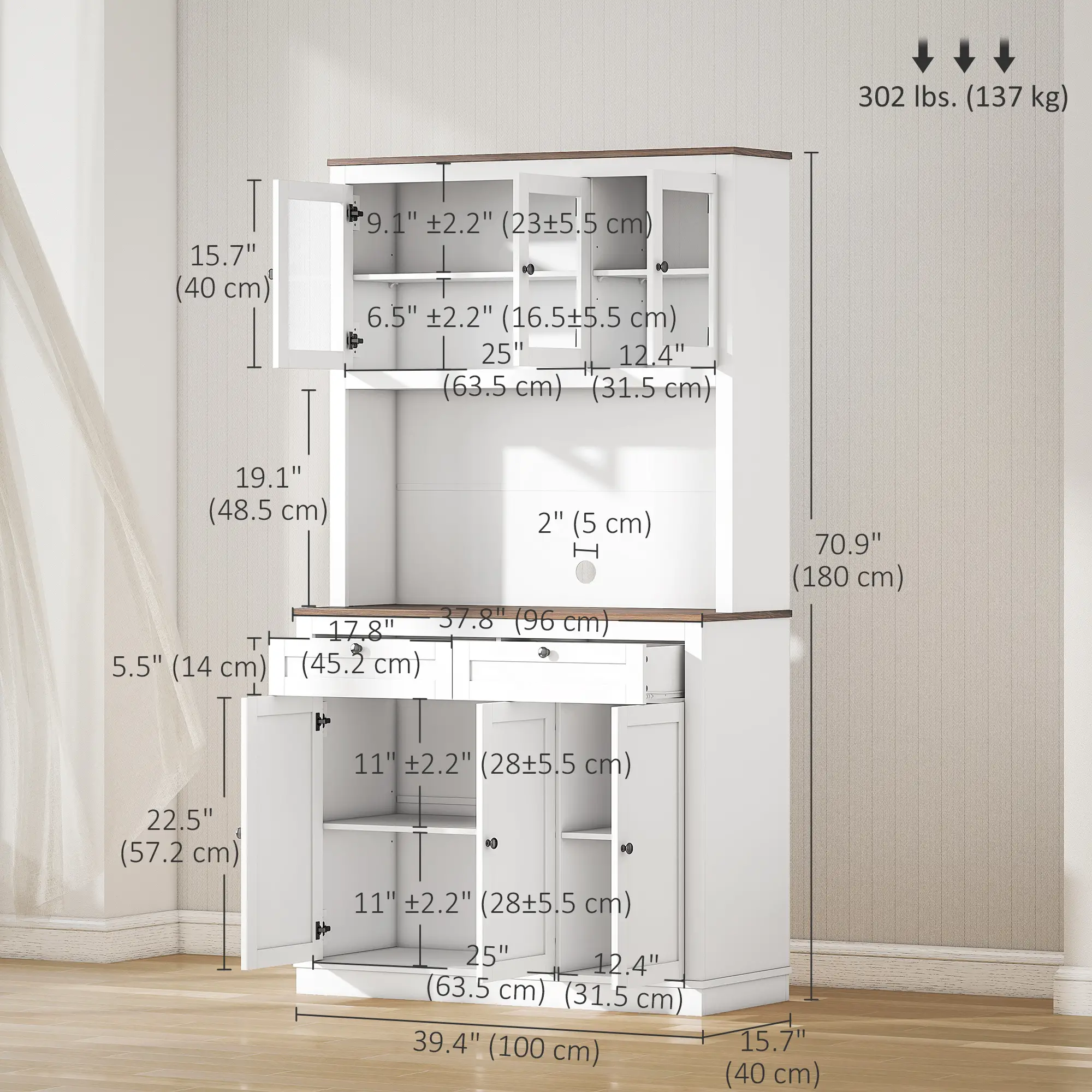 71" Pantry Cabinet with Microwave Space, Buffet Hutch, 2 Drawers, Adjustable Shelves, White - Image 3