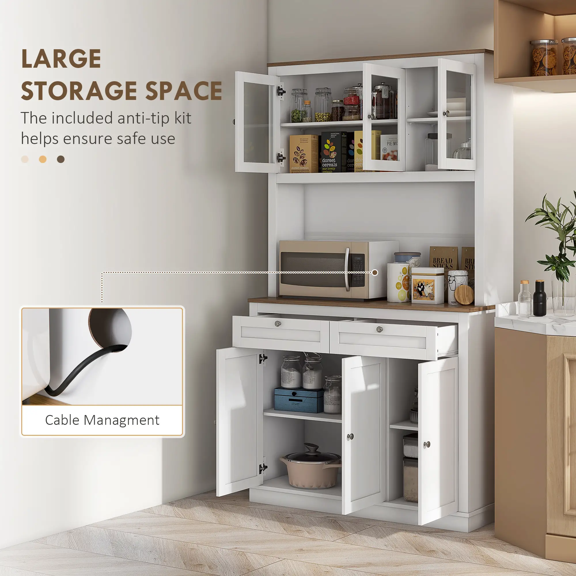 71" Pantry Cabinet with Microwave Space, Buffet Hutch, 2 Drawers, Adjustable Shelves, White - Image 5