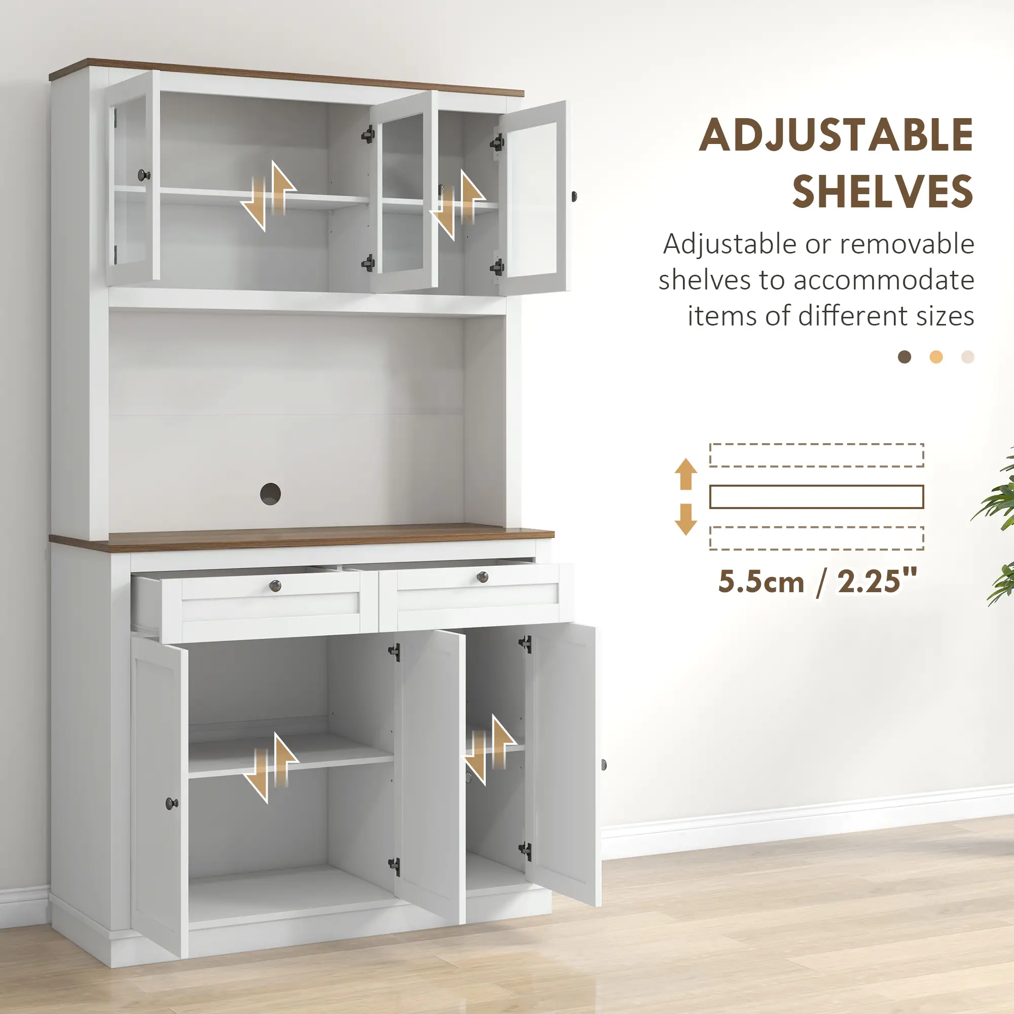 71" Pantry Cabinet with Microwave Space, Buffet Hutch, 2 Drawers, Adjustable Shelves, White - Image 6