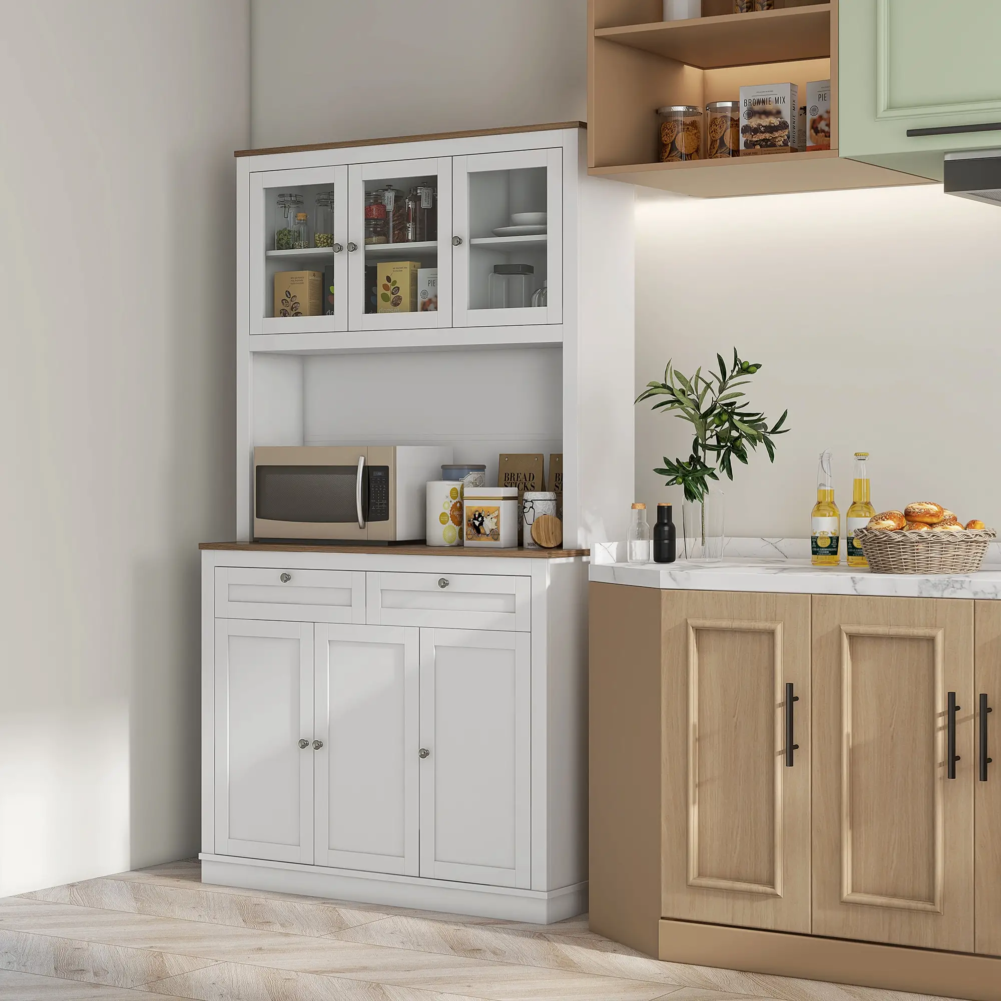 71" Pantry Cabinet with Microwave Space, Buffet Hutch, 2 Drawers, Adjustable Shelves, White - Image 8